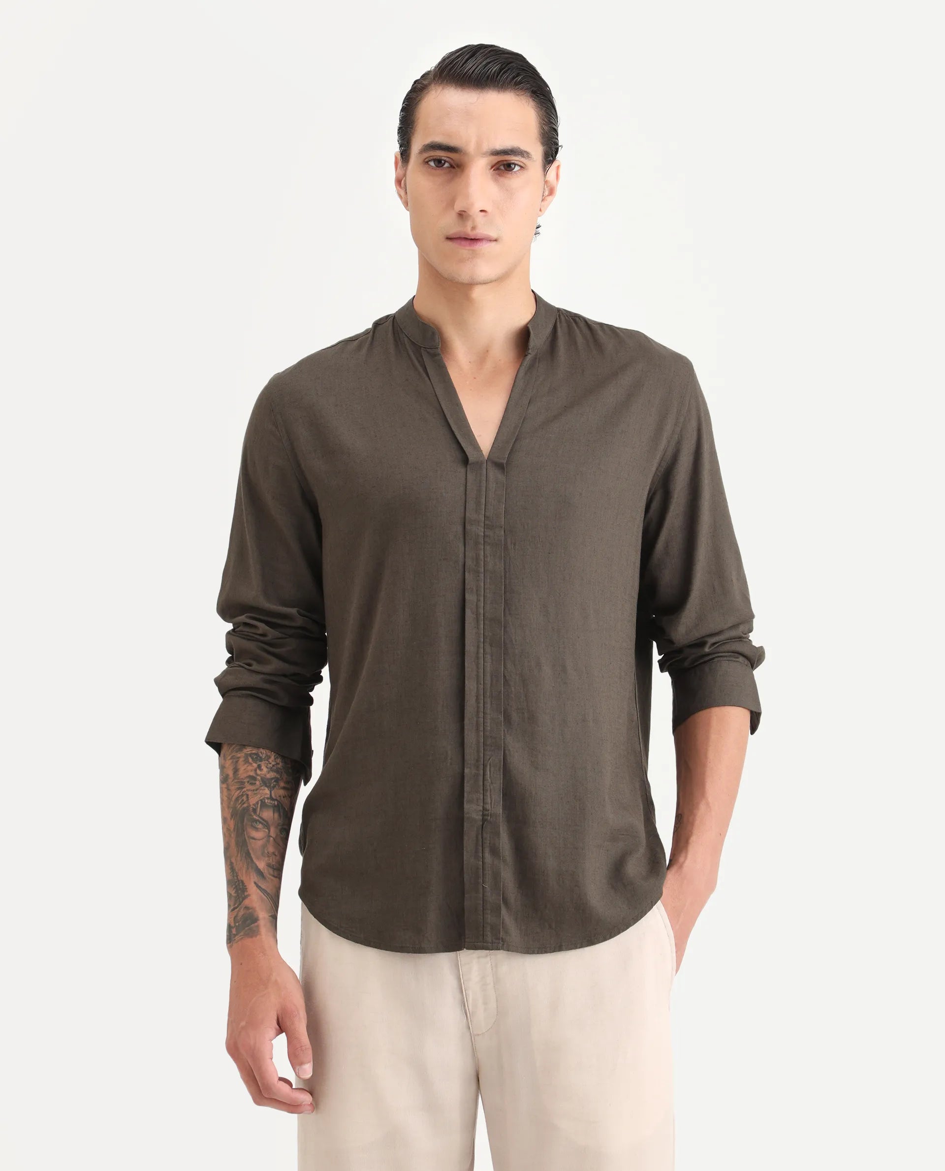 Rare Rabbit Men Kurt Dark Olive Linen Blend Fabric Full Sleeve Mandarin Collar Button Closure Plain Shirt