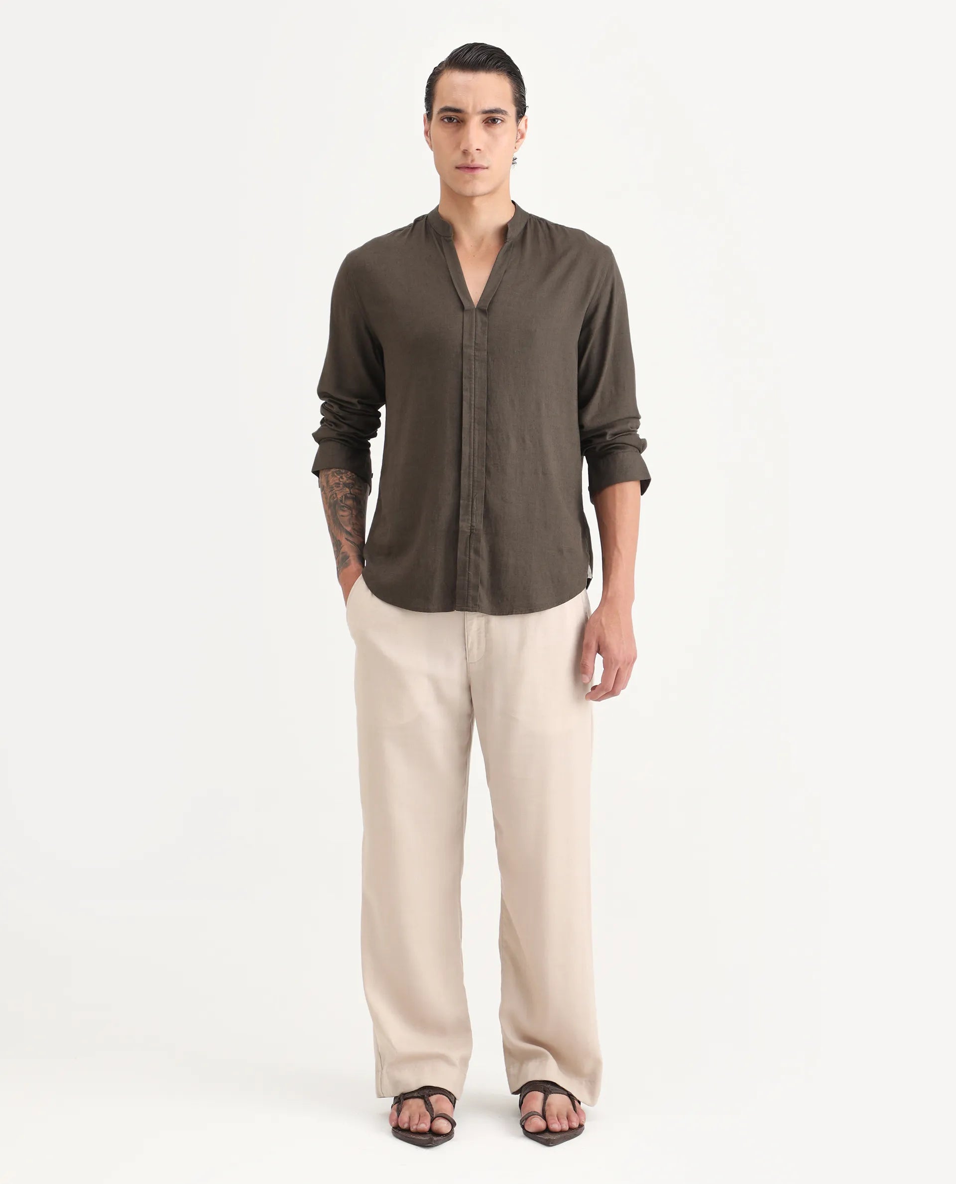 Rare Rabbit Men Kurt Dark Olive Linen Blend Fabric Full Sleeve Mandarin Collar Button Closure Plain Shirt