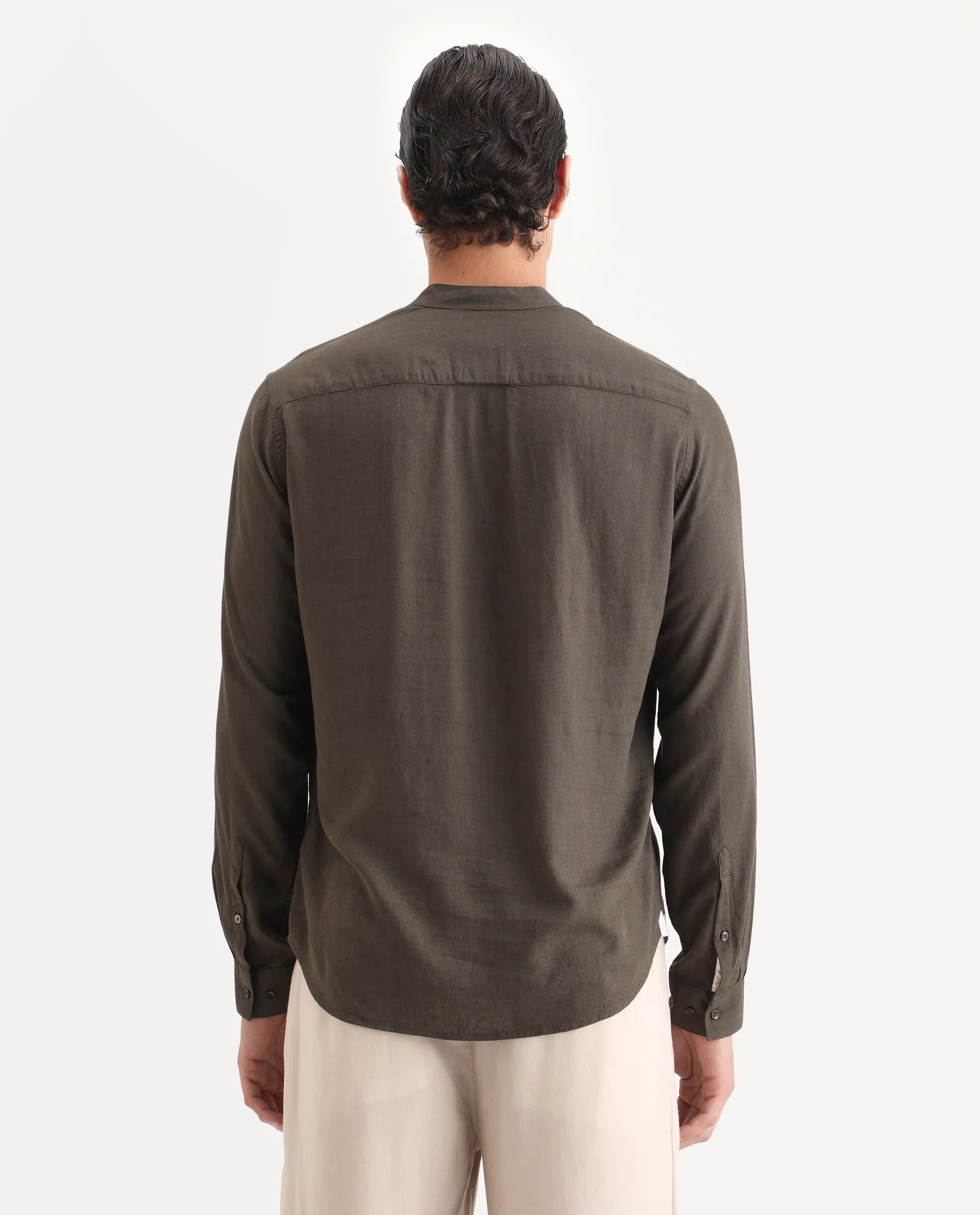 Rare Rabbit Men Kurt Dark Olive Linen Blend Fabric Full Sleeve Mandarin Collar Button Closure Plain Shirt
