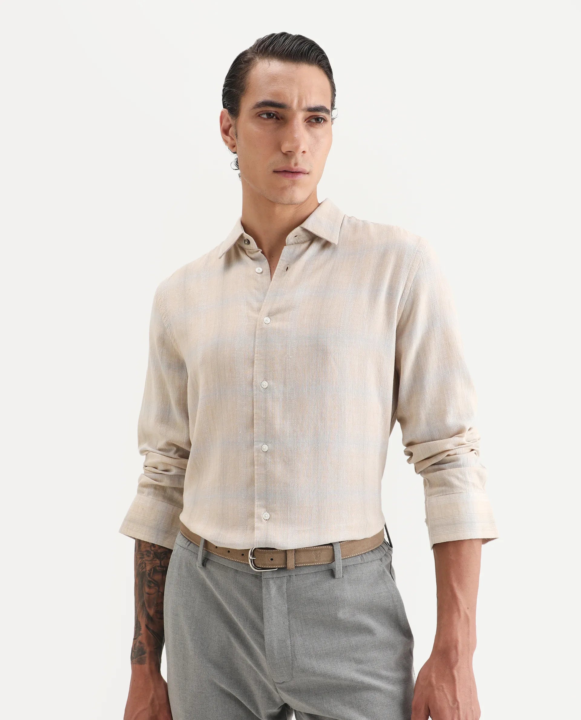 Rare Rabbit Men Eamon Light Beige Linen Checked Print Regular Fit Full Sleeve Collared Shirt