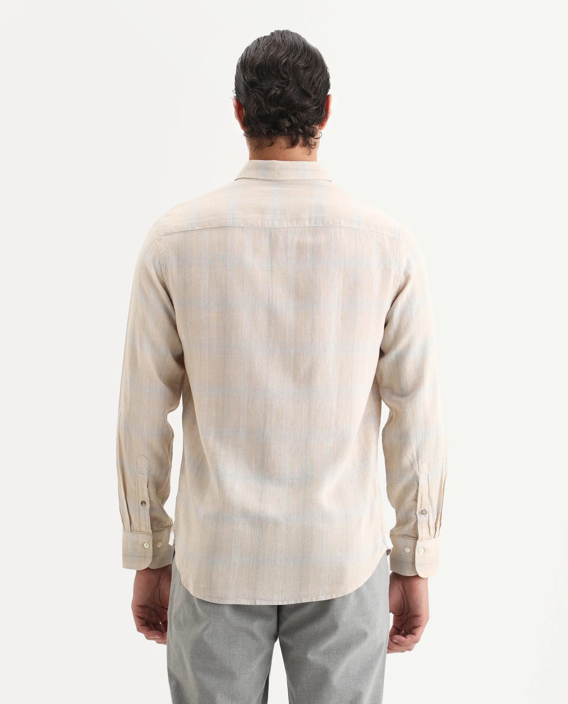 Rare Rabbit Men Eamon Light Beige Linen Checked Print Regular Fit Full Sleeve Collared Shirt