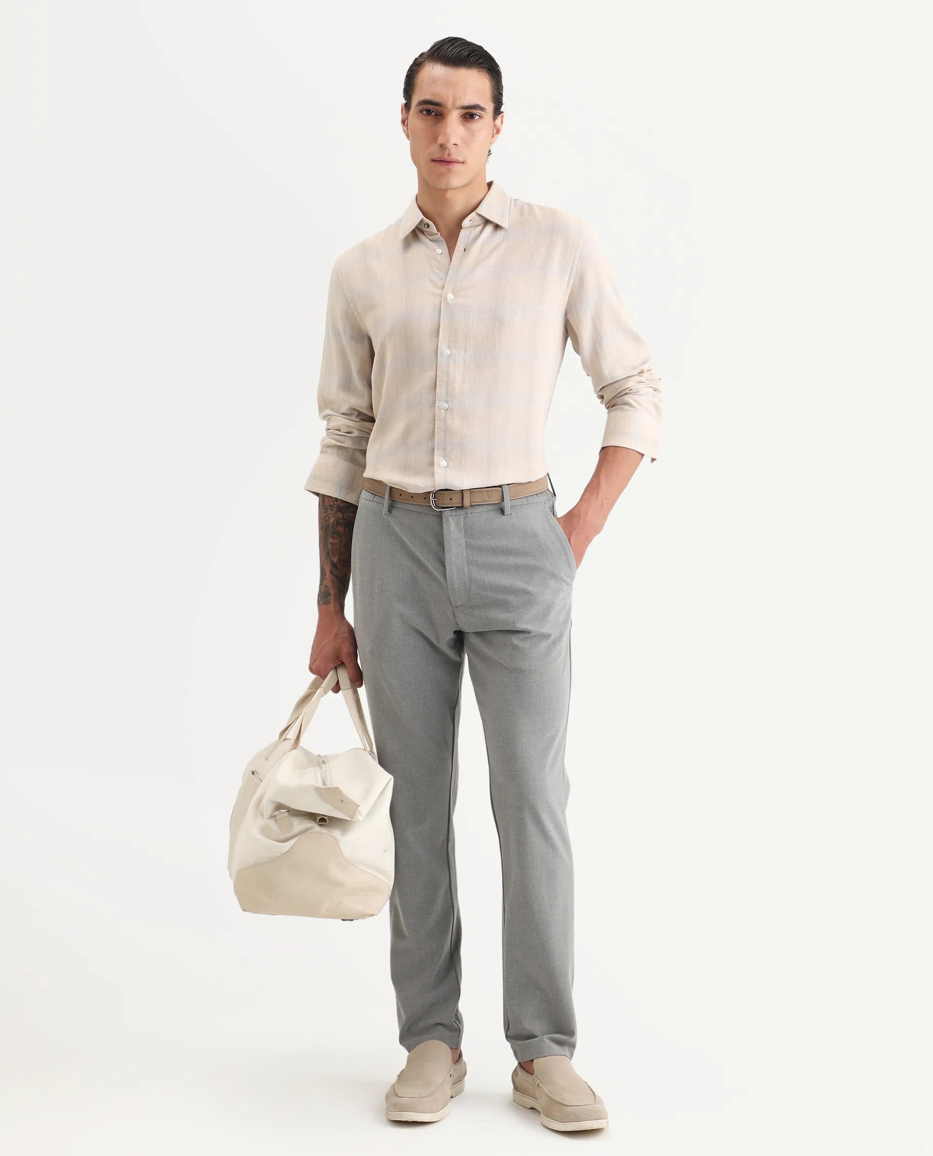 Rare Rabbit Men Eamon Light Beige Linen Checked Print Regular Fit Full Sleeve Collared Shirt