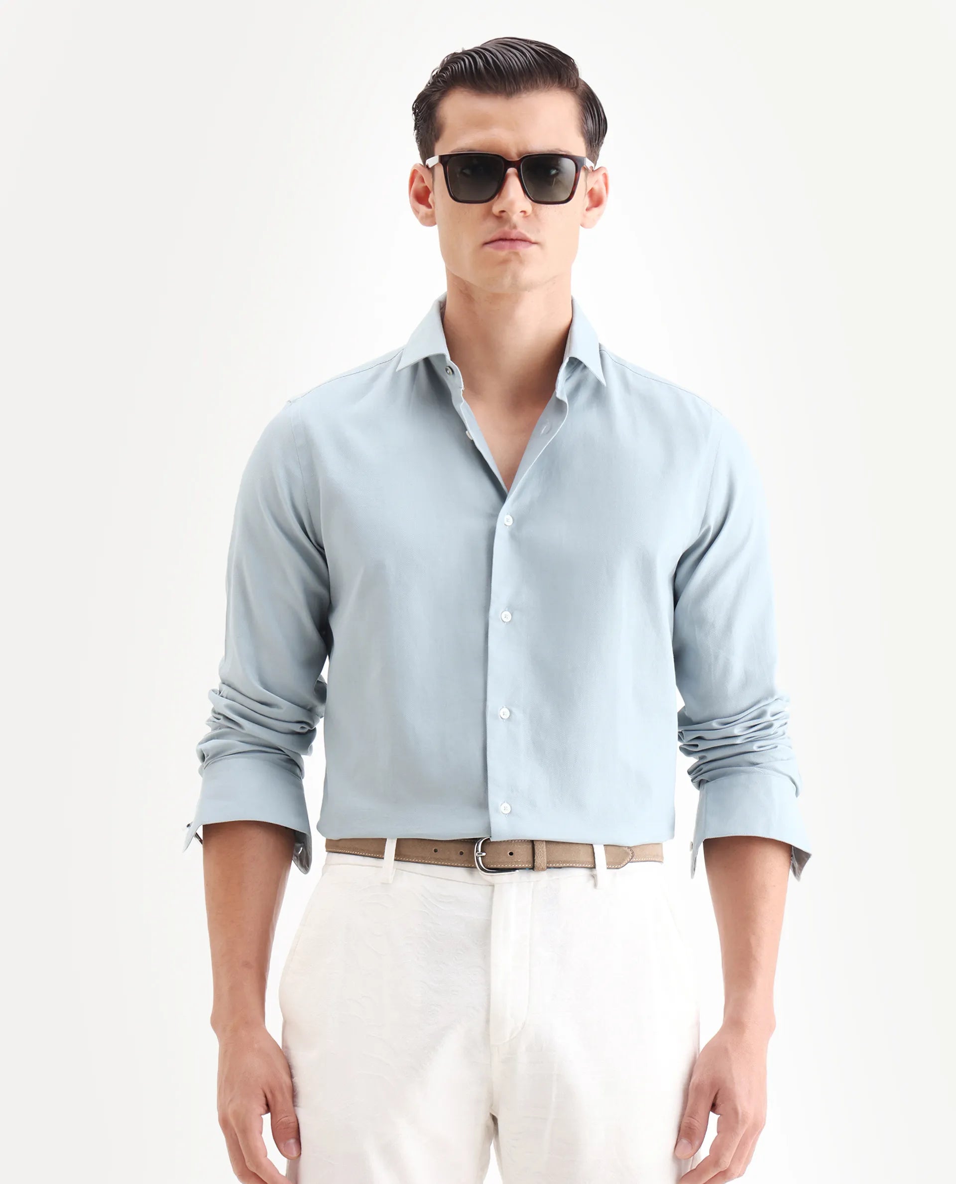 Rare Rabbit Men's Lasko Light Blue Cotton Plain Regular Fit Full Sleeve Collared Shirt