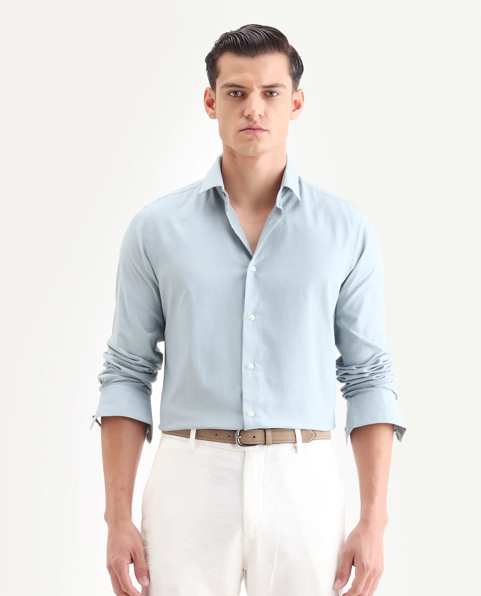 Rare Rabbit Men's Lasko Light Blue Cotton Plain Regular Fit Full Sleeve Collared Shirt