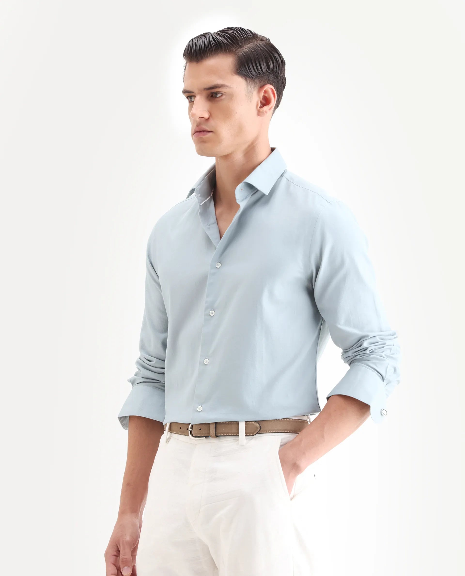 Rare Rabbit Men's Lasko Light Blue Cotton Plain Regular Fit Full Sleeve Collared Shirt