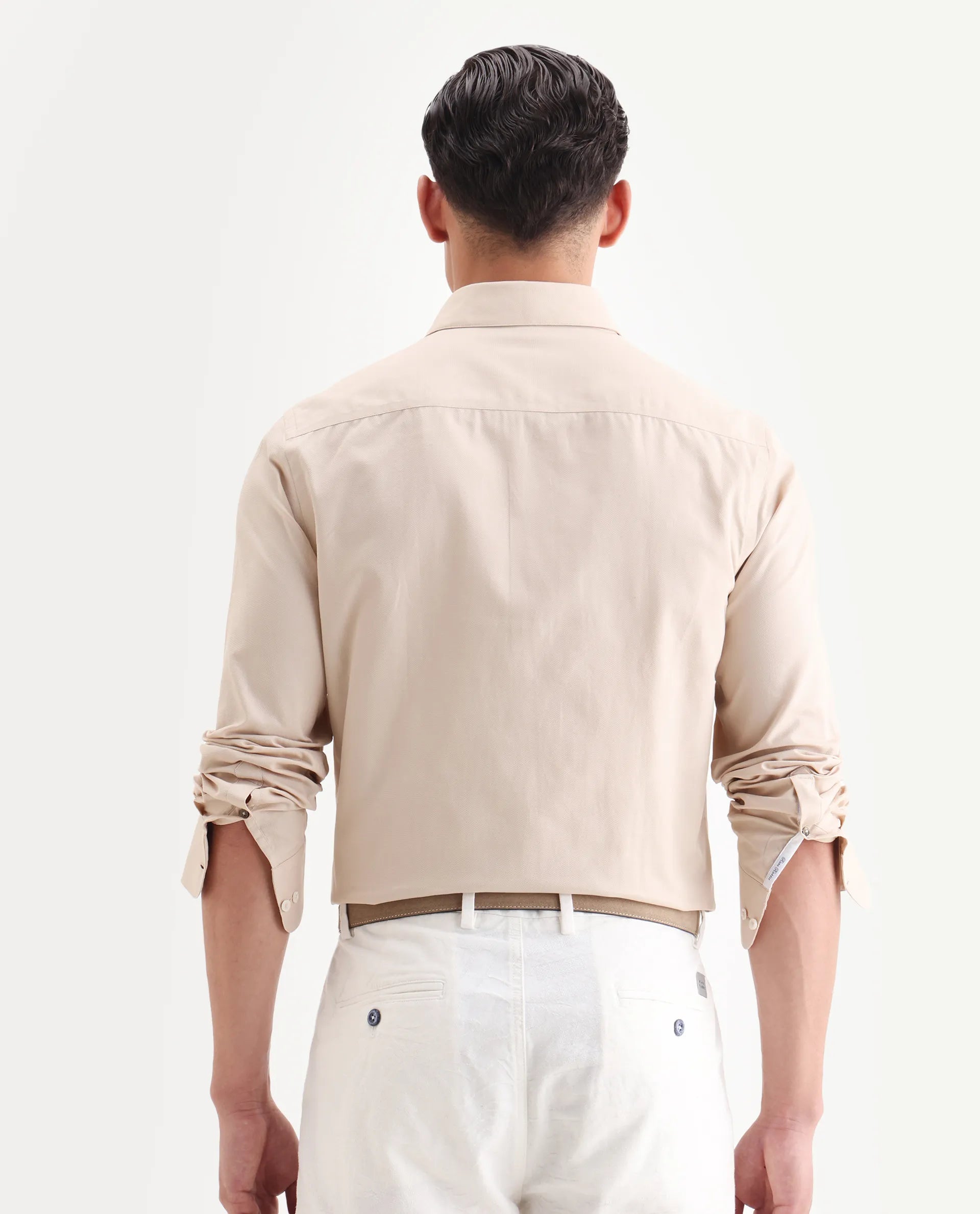 Rare Rabbit Men's Lasko Light Beige Cotton Plain Regular Fit Full Sleeve Collared Shirt