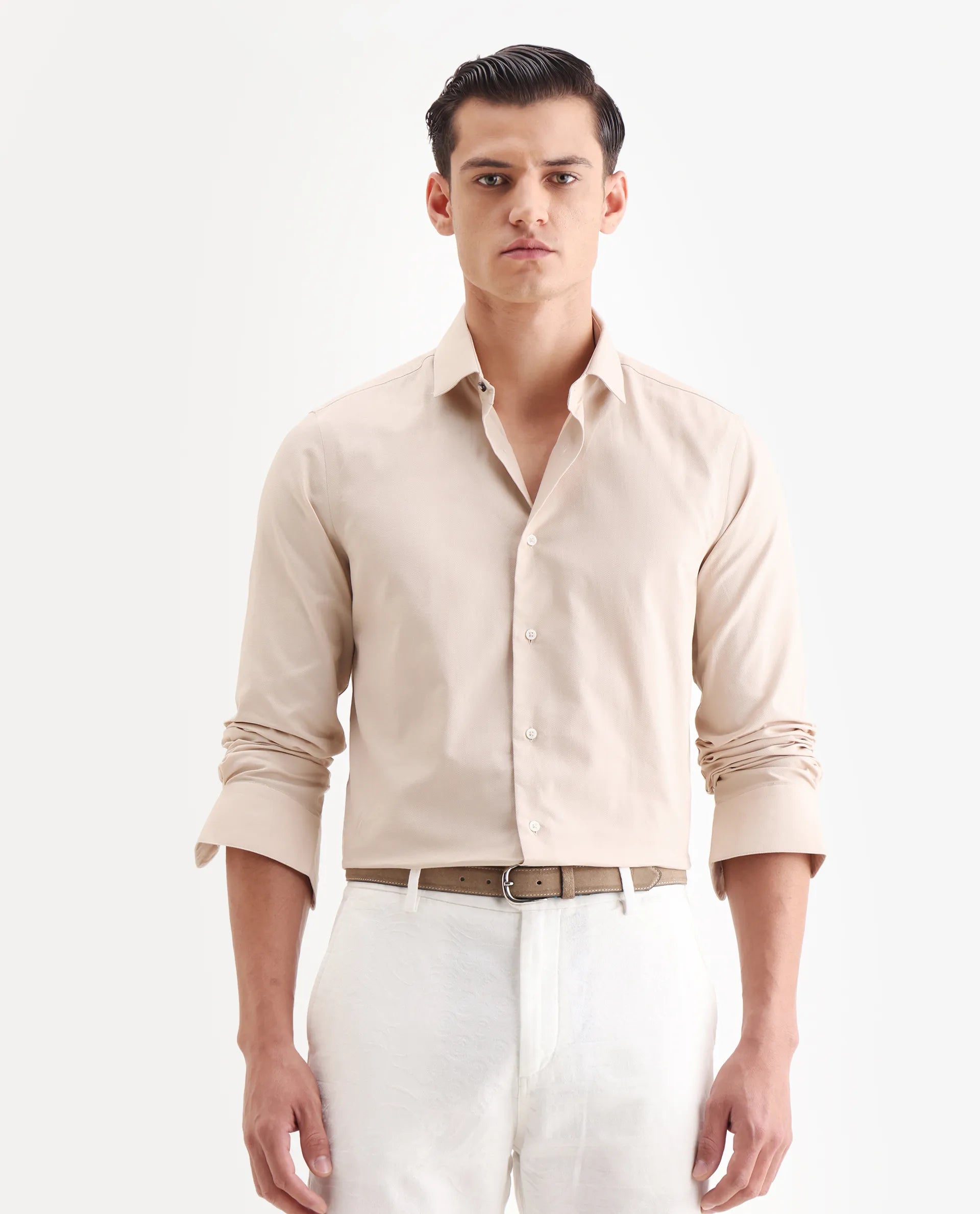 Rare Rabbit Men's Lasko Light Beige Cotton Plain Regular Fit Full Sleeve Collared Shirt