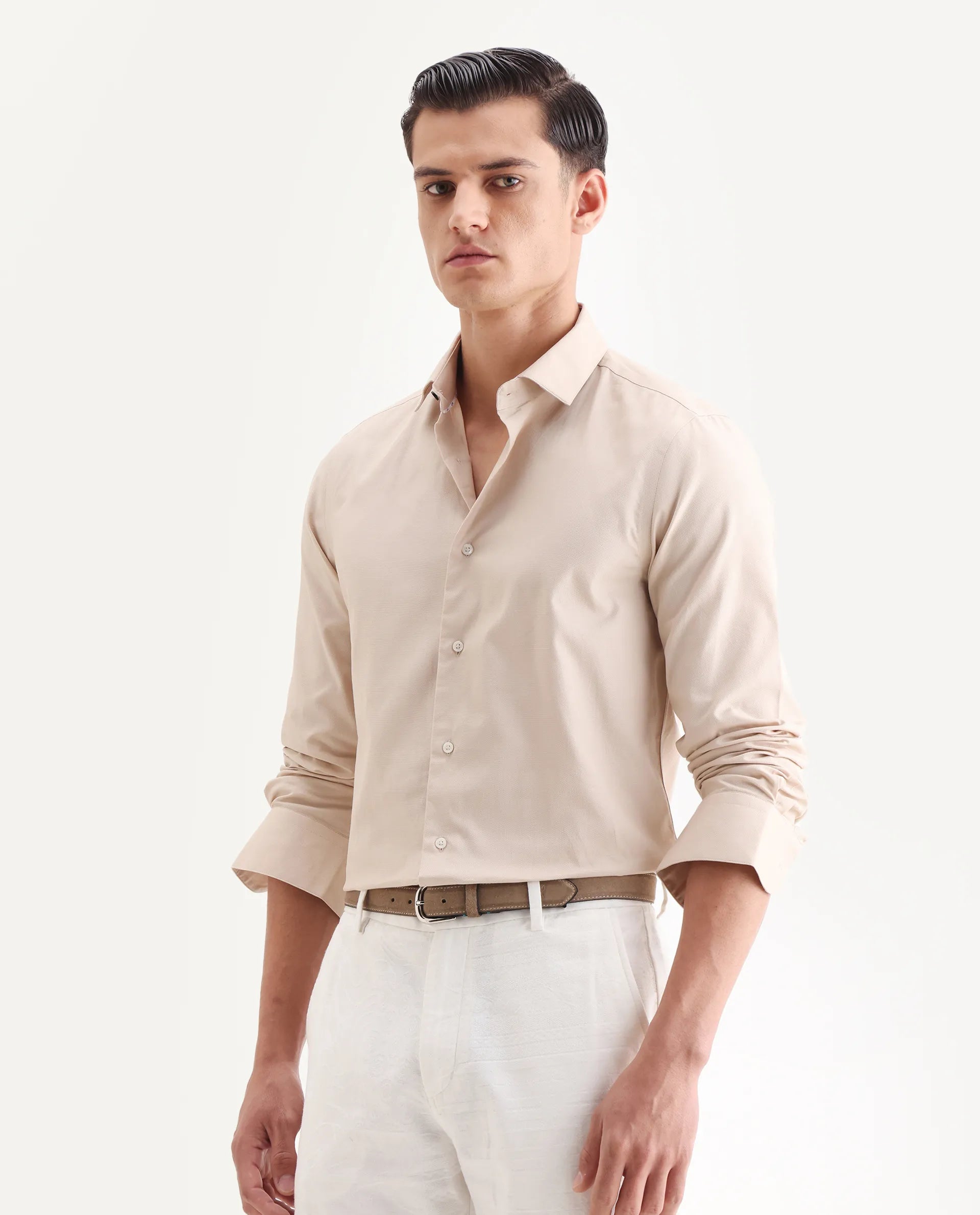 Rare Rabbit Men's Lasko Light Beige Cotton Plain Regular Fit Full Sleeve Collared Shirt