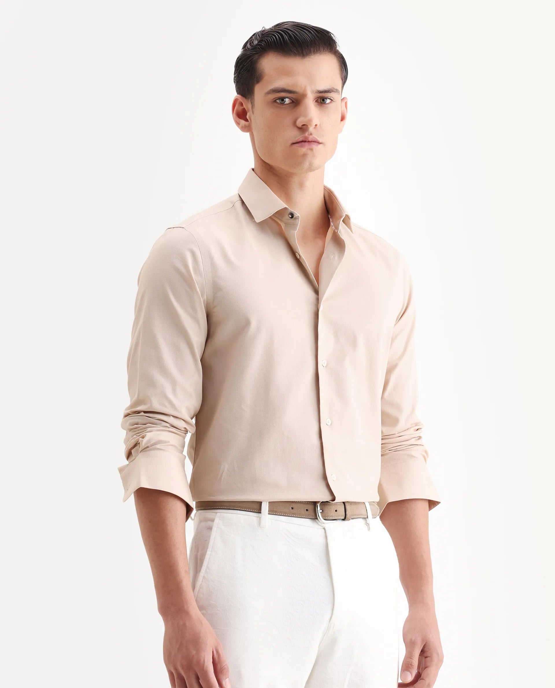 Rare Rabbit Men's Lasko Light Beige Cotton Plain Regular Fit Full Sleeve Collared Shirt