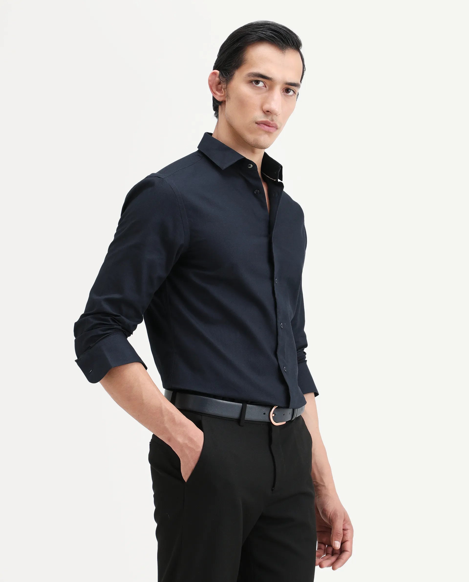 Rare Rabbit Men's Lasko Navy Cotton Plain Regular Fit Full Sleeve Collared Shirt