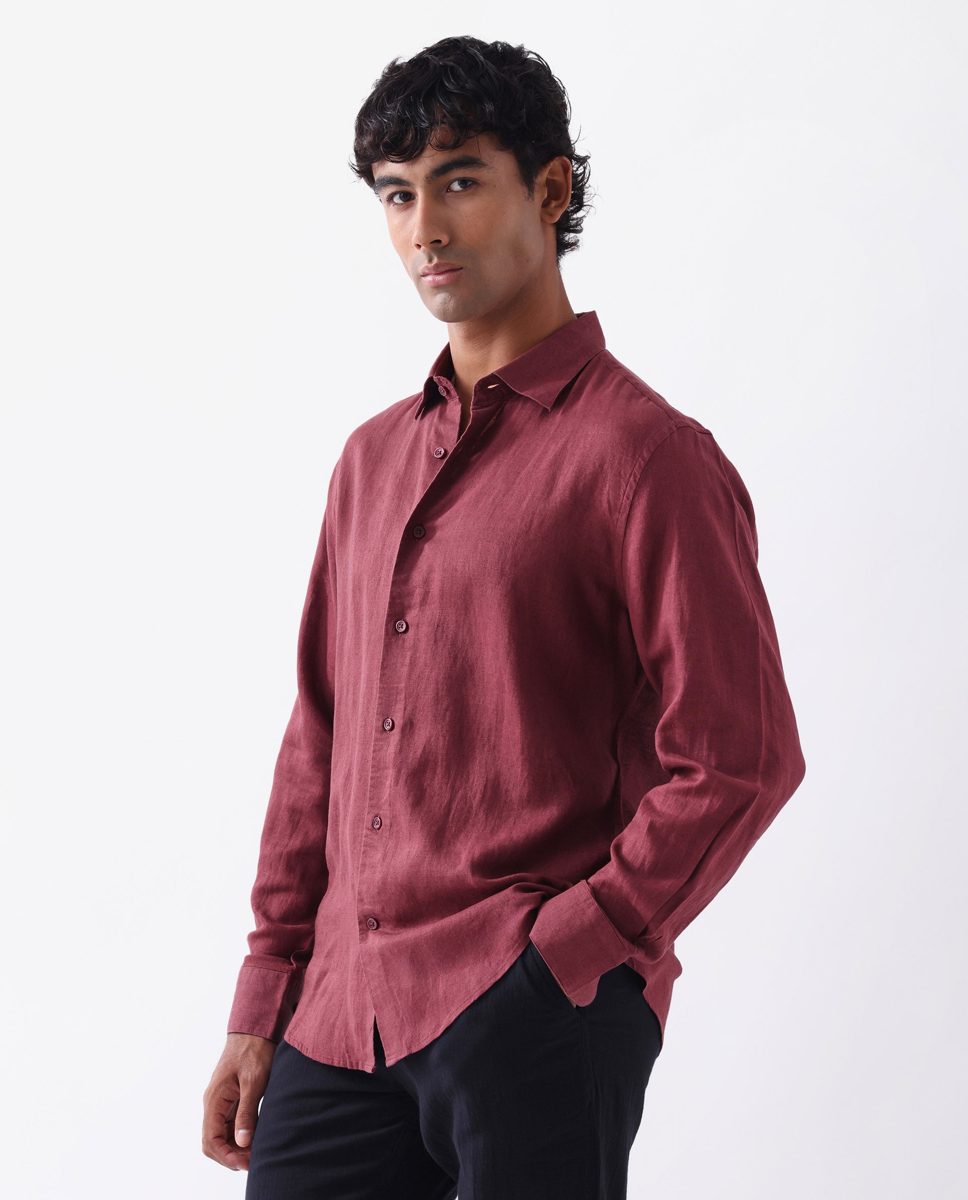Rare Rabbit Men's Linex Ls-25 Maroon Linen Blend Plain Regular Fit Full Sleeve Collared Shirt