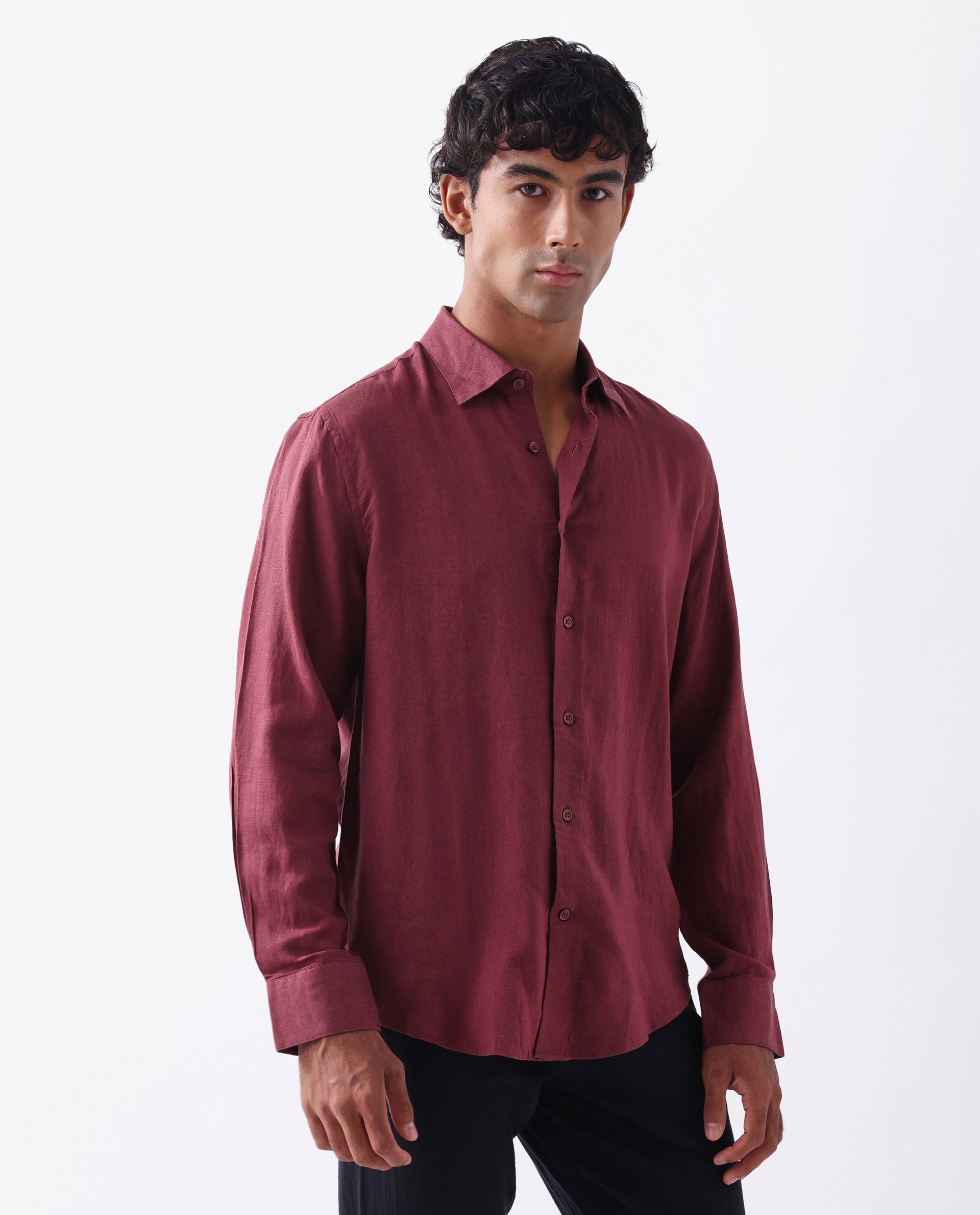 Rare Rabbit Men's Linex Ls-25 Maroon Linen Blend Plain Regular Fit Full Sleeve Collared Shirt