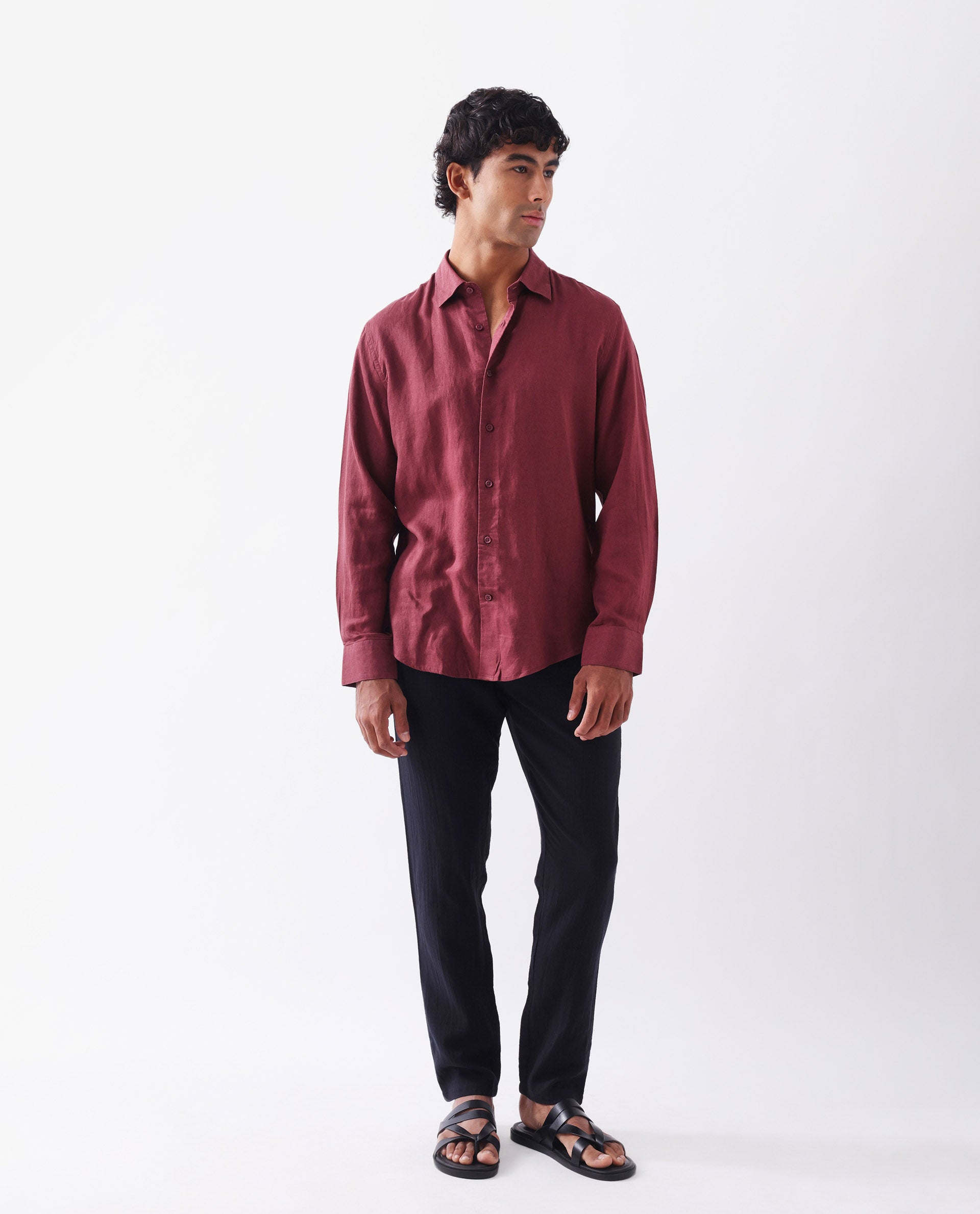 Rare Rabbit Men's Linex Ls-25 Maroon Linen Blend Plain Regular Fit Full Sleeve Collared Shirt