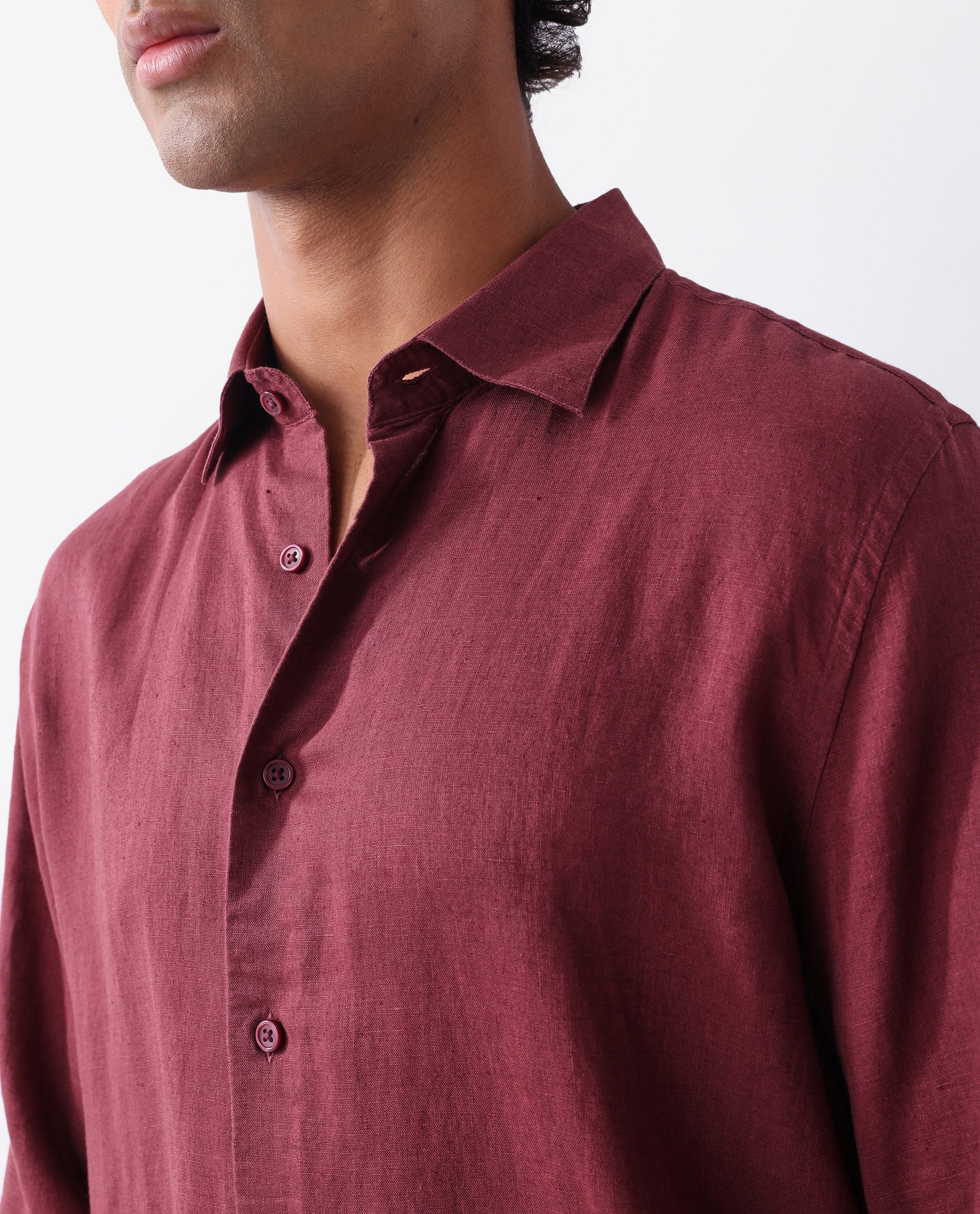 Rare Rabbit Men's Linex Ls-25 Maroon Linen Blend Plain Regular Fit Full Sleeve Collared Shirt