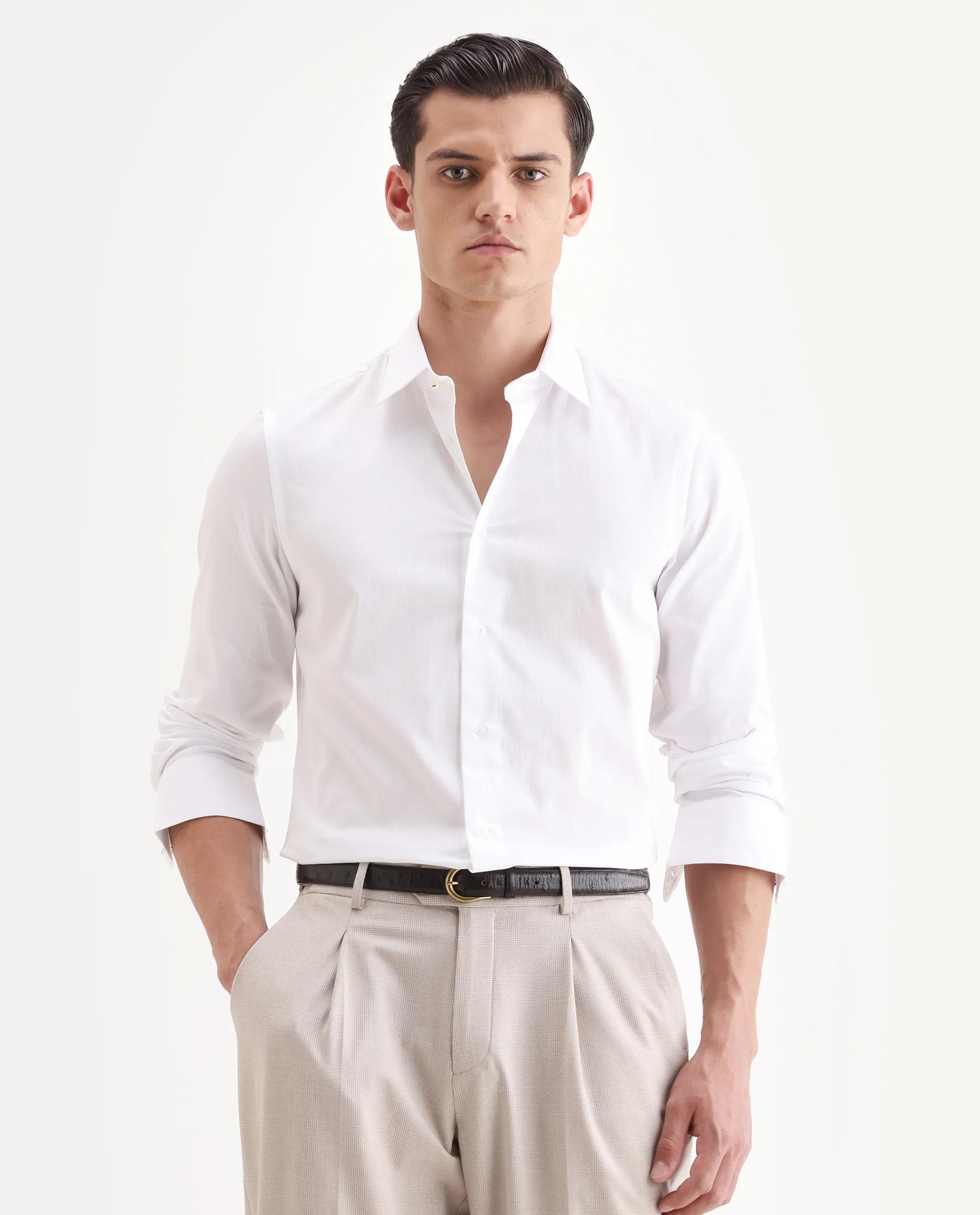 Rare Rabbit Men's Rocco White Cotton Plain Regular Fit Full Sleeve Collared Shirt