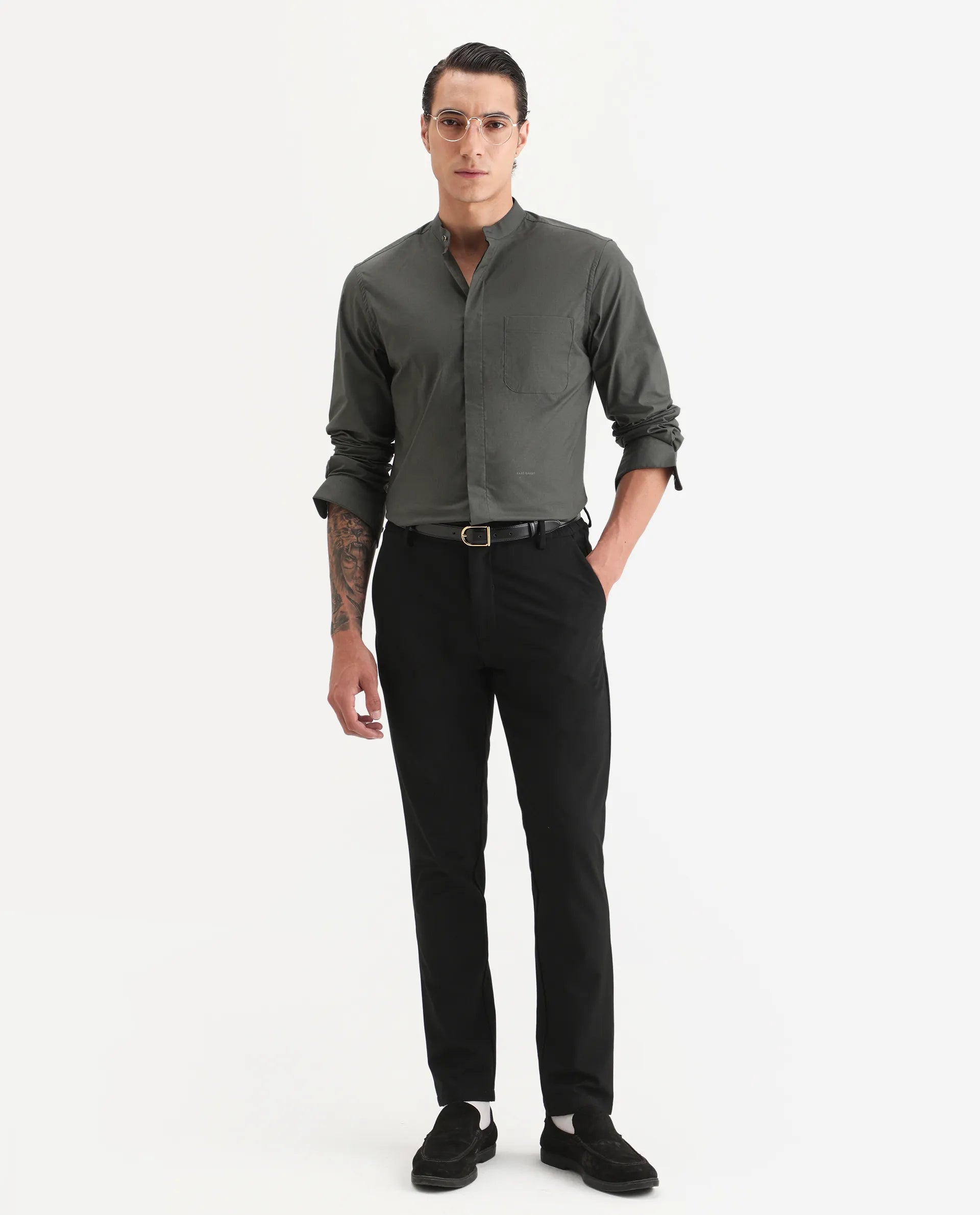 Rare Rabbit Men's Dati Dusky Olive Polyester Blend Plain Regular Fit Full Sleeve Mandarin Collar Shirt