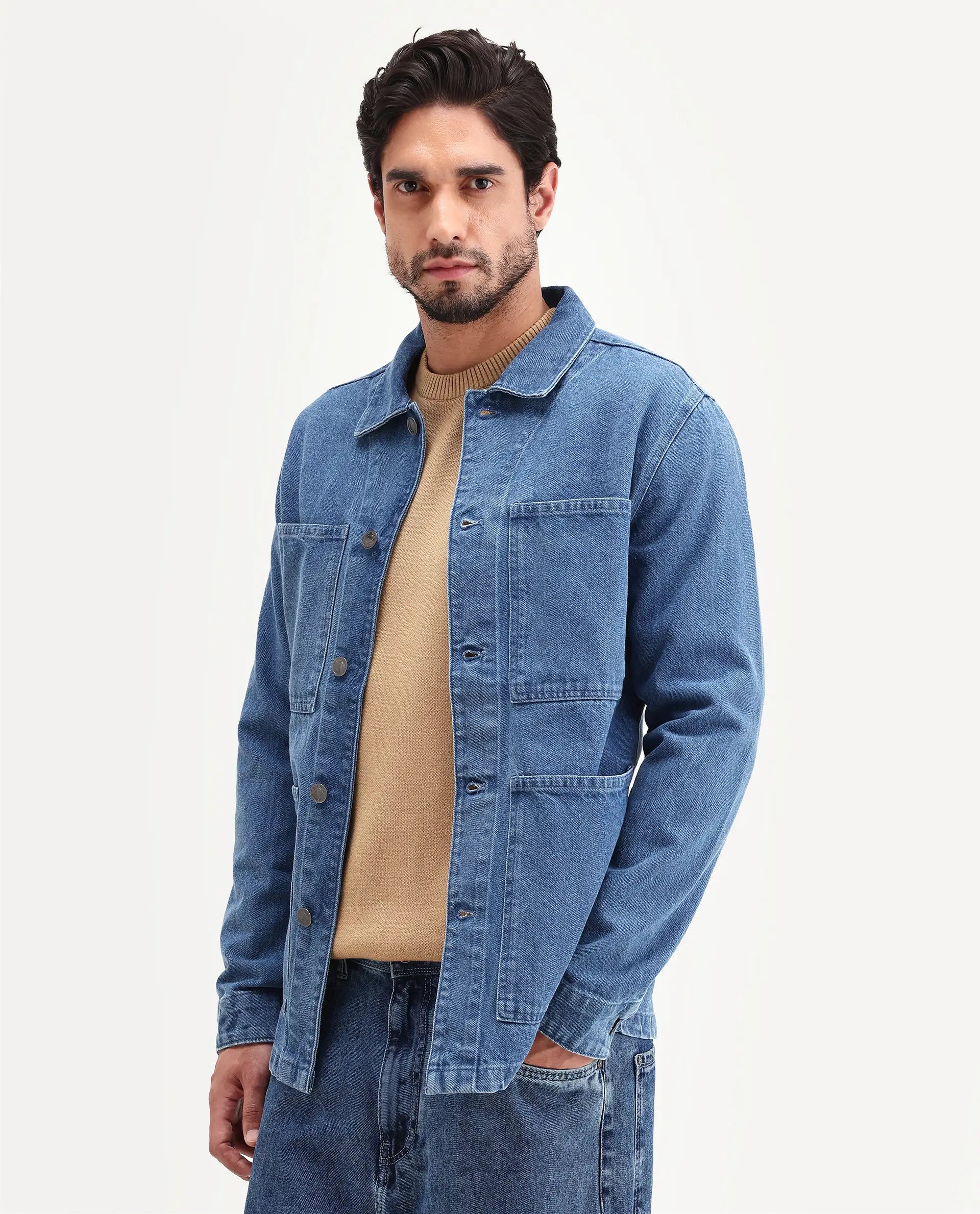Rare Rabbit Men's Brond Blue Cotton Plain Regular Fit Full Sleeve Spread Collar Jacket
