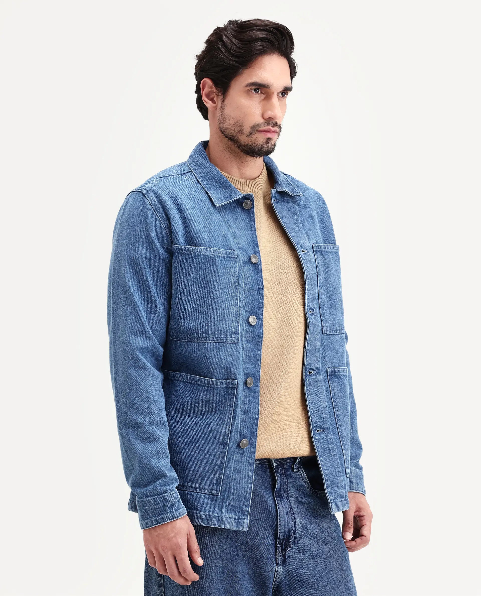 Rare Rabbit Men's Brond Blue Cotton Plain Regular Fit Full Sleeve Spread Collar Jacket