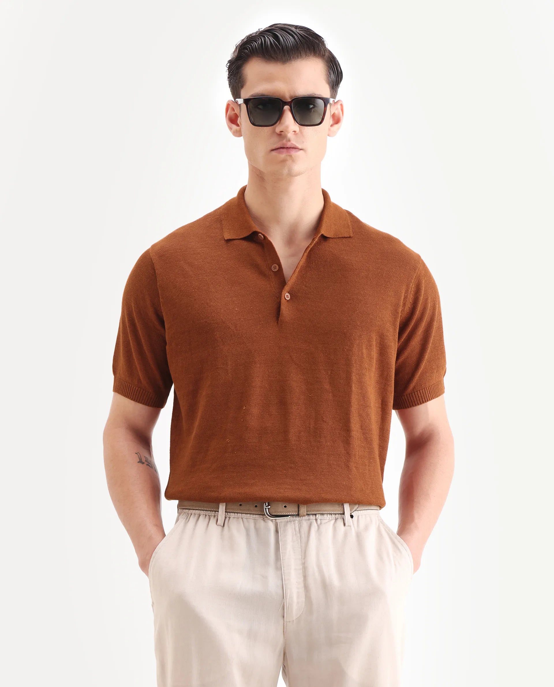 Rare Rabbit Men's Mekko-25 Rust Linen Blend Plain Regular Fit Half Sleeve Polo