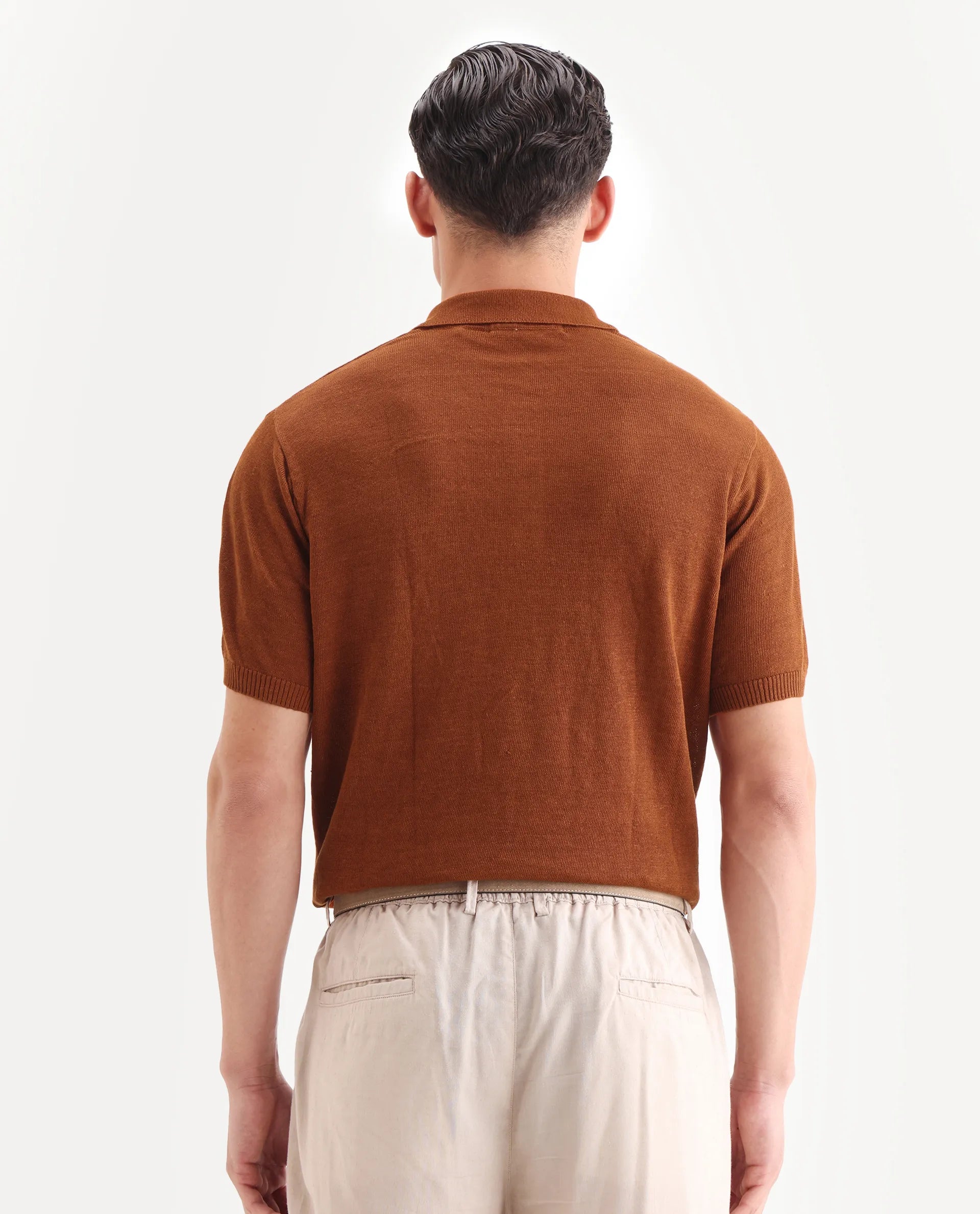 Rare Rabbit Men's Mekko-25 Rust Linen Blend Plain Regular Fit Half Sleeve Polo