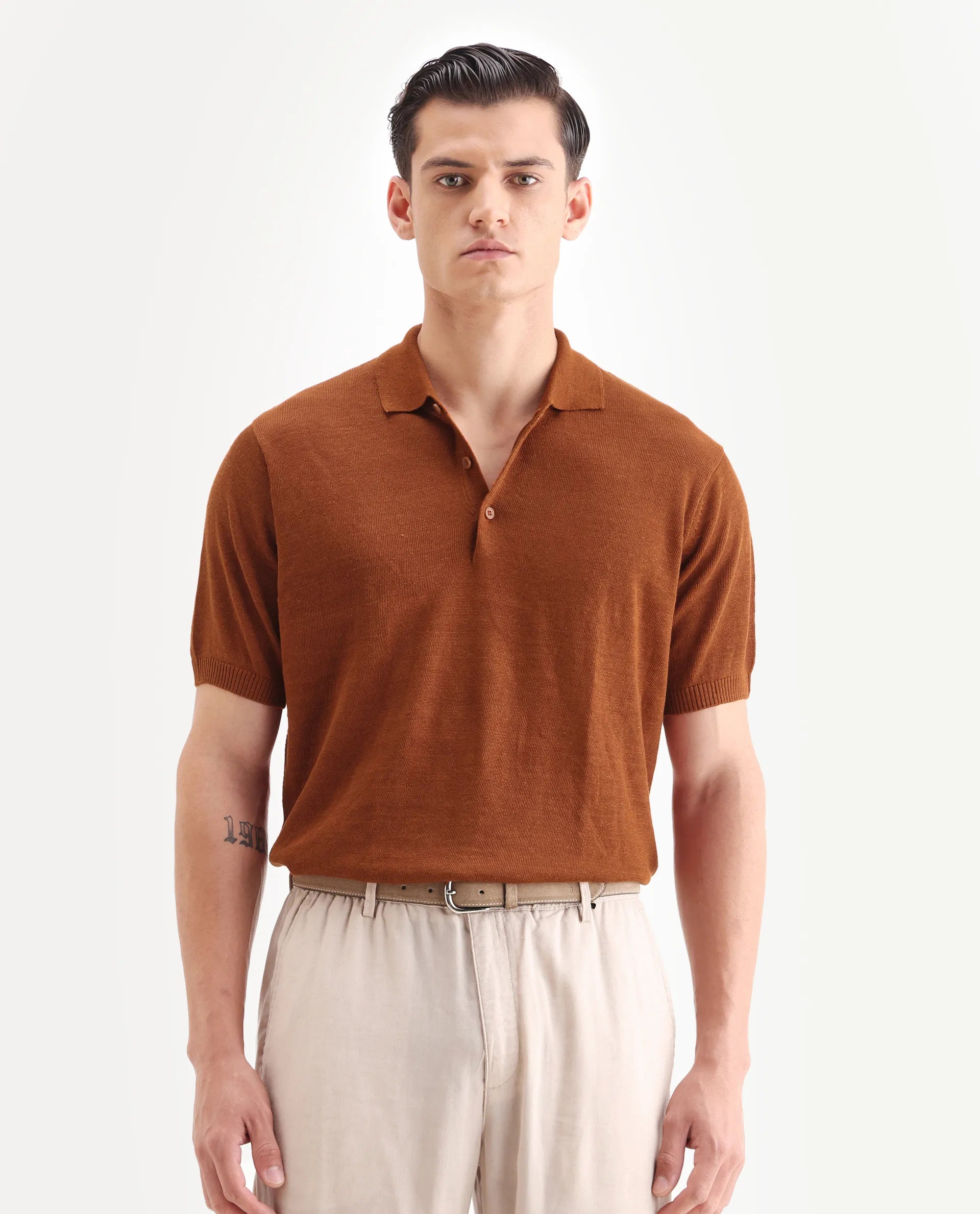 Rare Rabbit Men's Mekko-25 Rust Linen Blend Plain Regular Fit Half Sleeve Polo