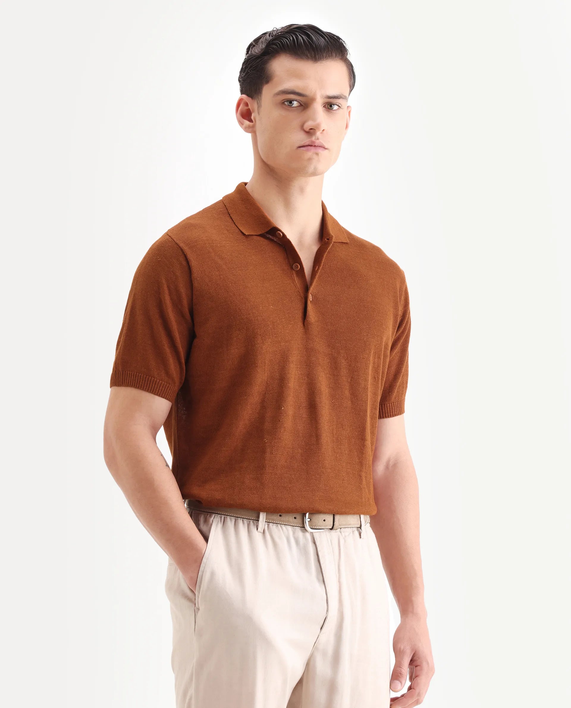 Rare Rabbit Men's Mekko-25 Rust Linen Blend Plain Regular Fit Half Sleeve Polo