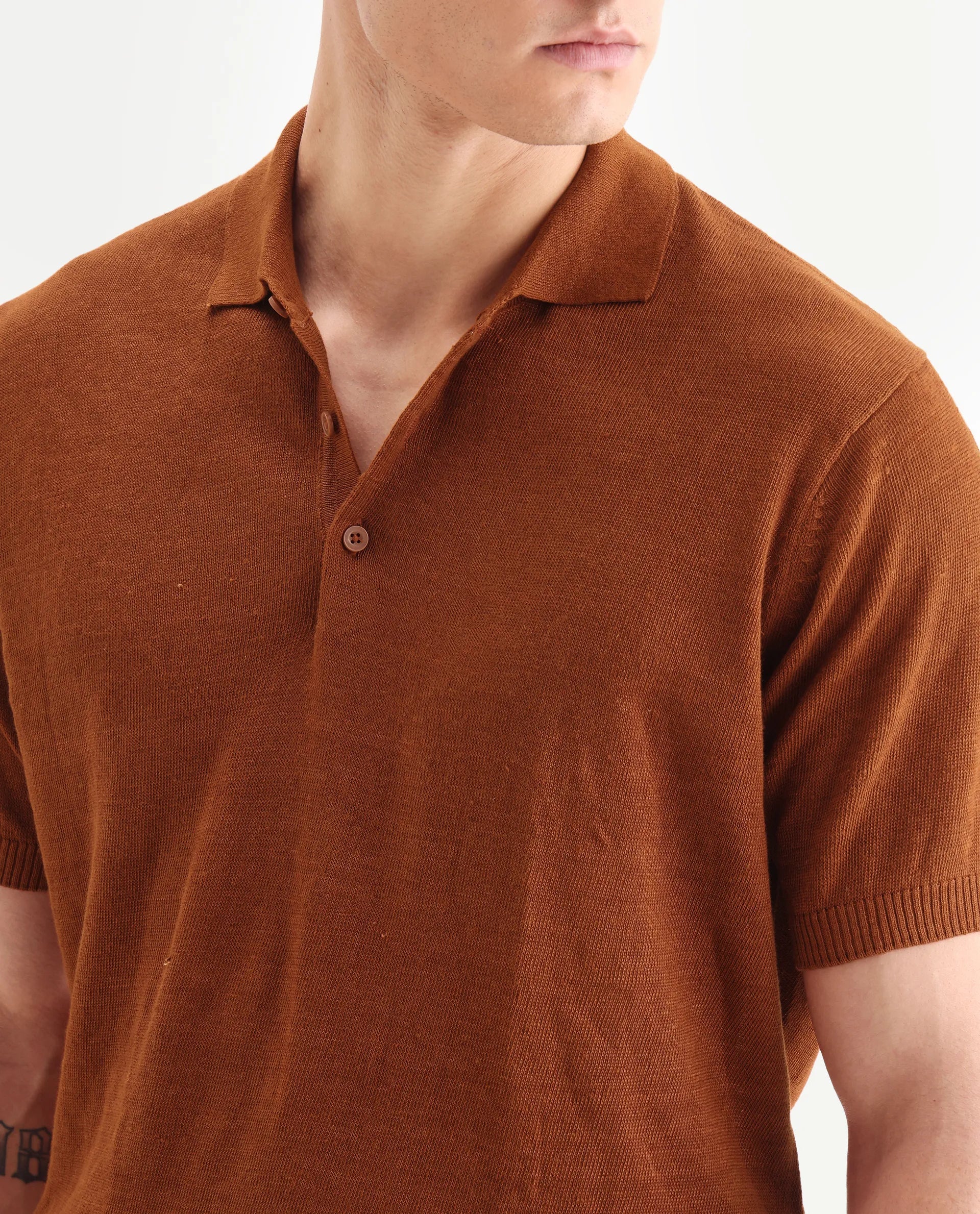 Rare Rabbit Men's Mekko-25 Rust Linen Blend Plain Regular Fit Half Sleeve Polo