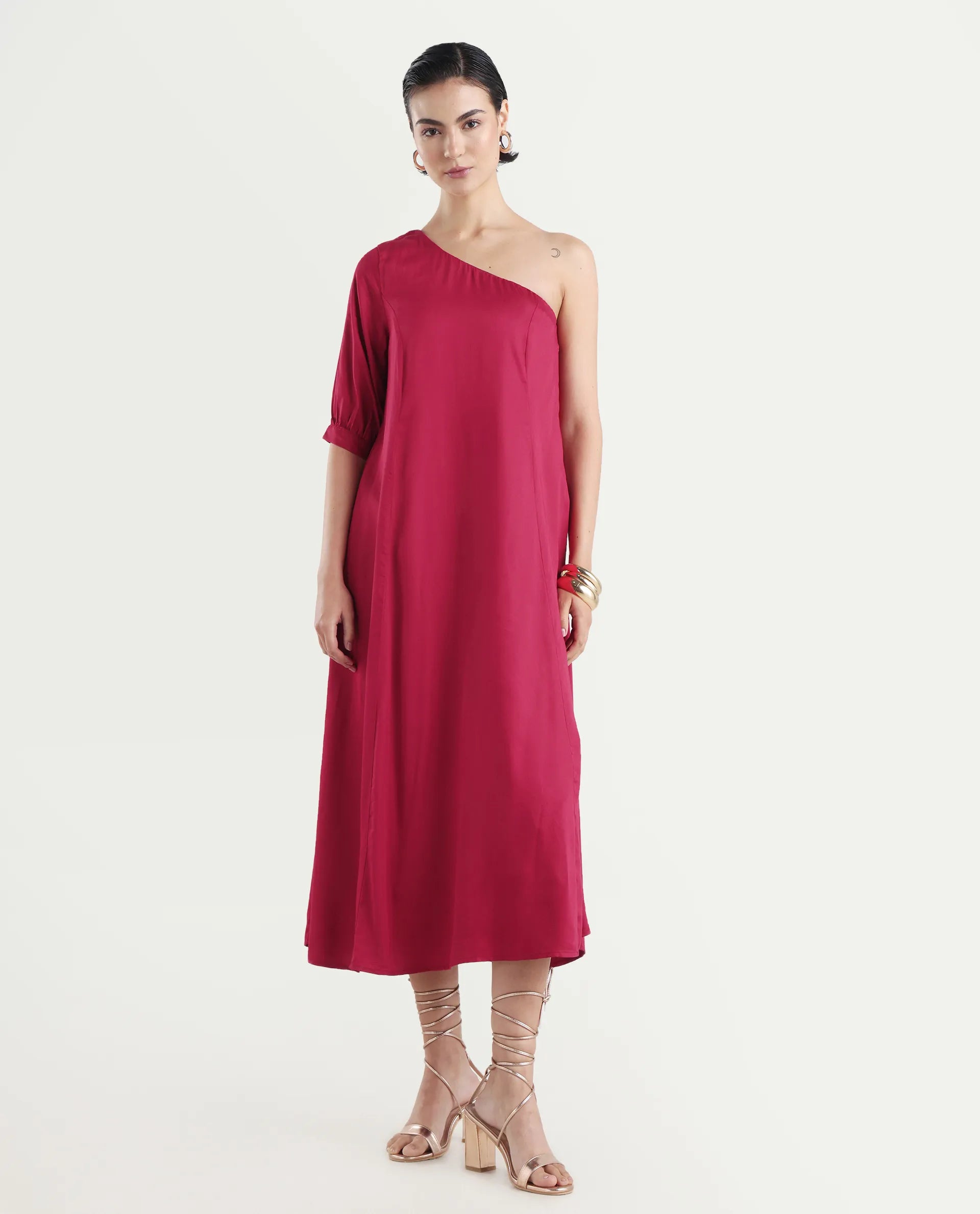 Rareism Women's Somalia Red Viscose One Shoulder Plain One Shoulder Maxi A-Line Dress