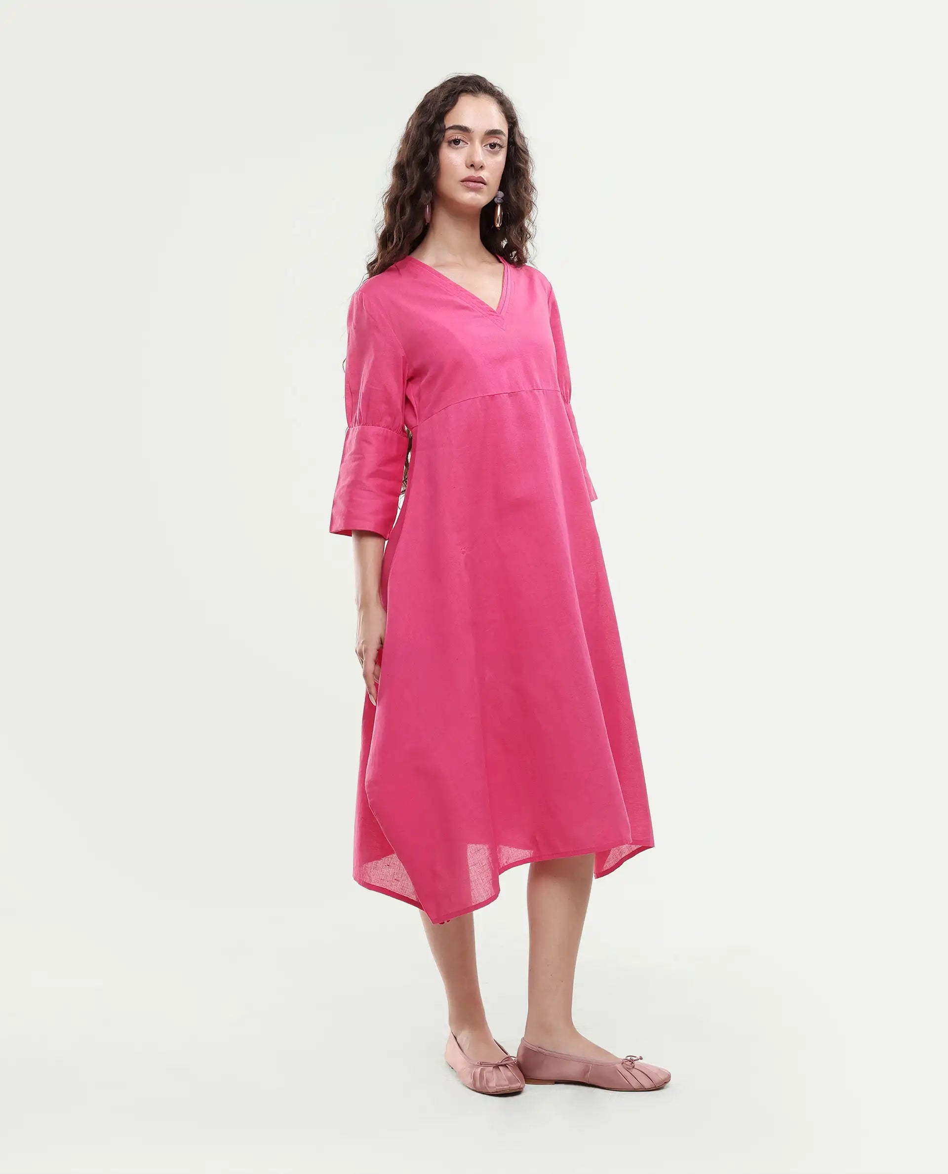 Rareism Women's Somyer Pink Cotton Blend V-Neck Plain Midi Flared Dress