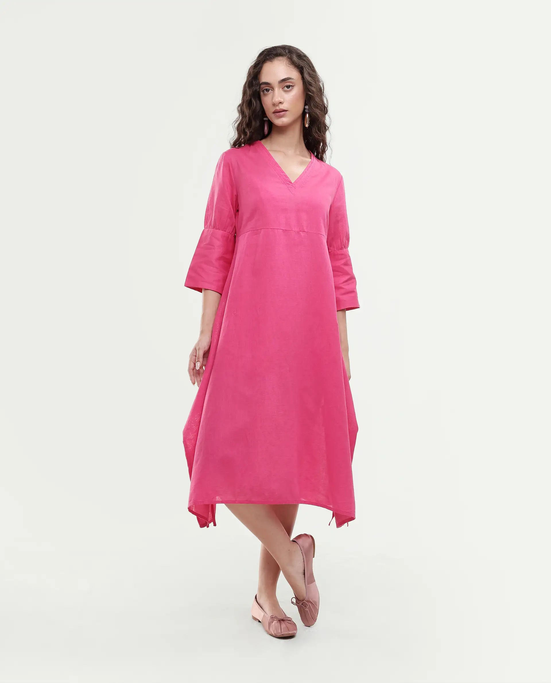 Rareism Women's Somyer Pink Cotton Blend V-Neck Plain Midi Flared Dress