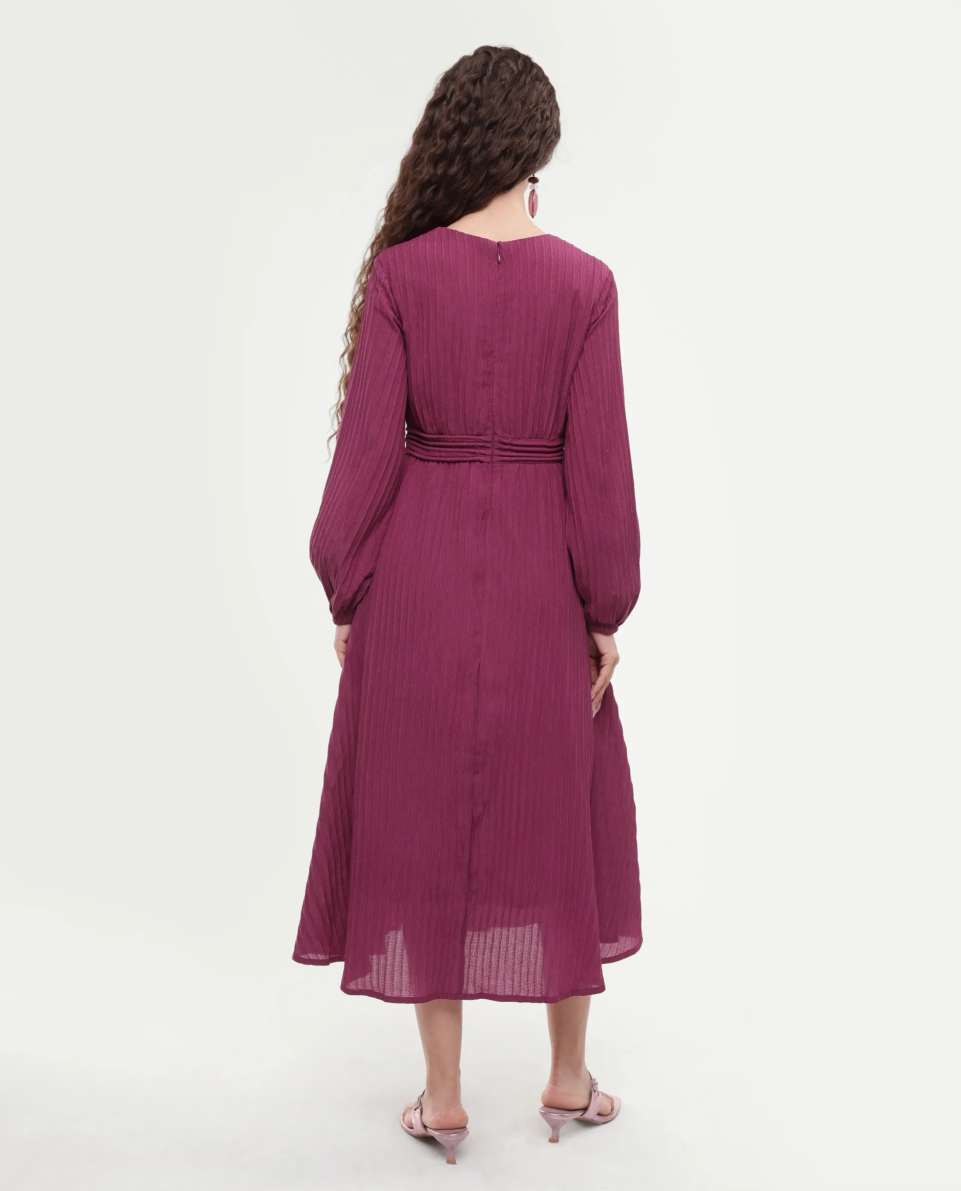 Rareism Women's Somiki Dark Red Polyester Blend V-Neck Plain Bishop Sleeve Midi Flared Dress