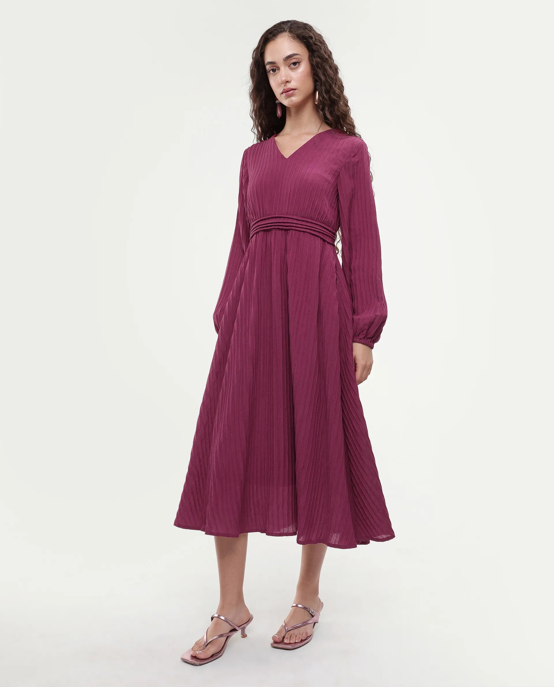 Rareism Women's Somiki Dark Red Polyester Blend V-Neck Plain Bishop Sleeve Midi Flared Dress