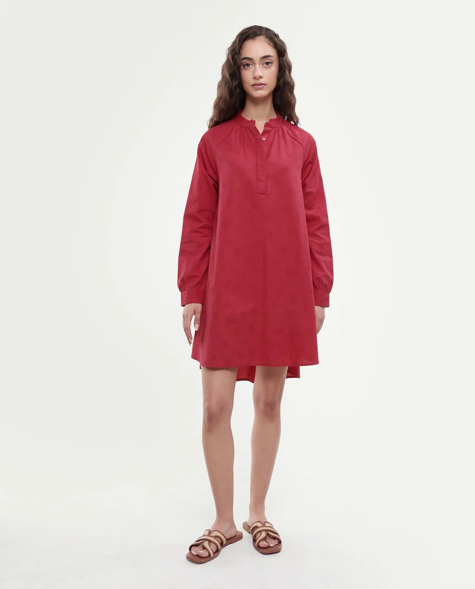 Rareism Women's Somigi Red Cotton Band Collar Plain Raglan Sleeve Mini A-Line Dress