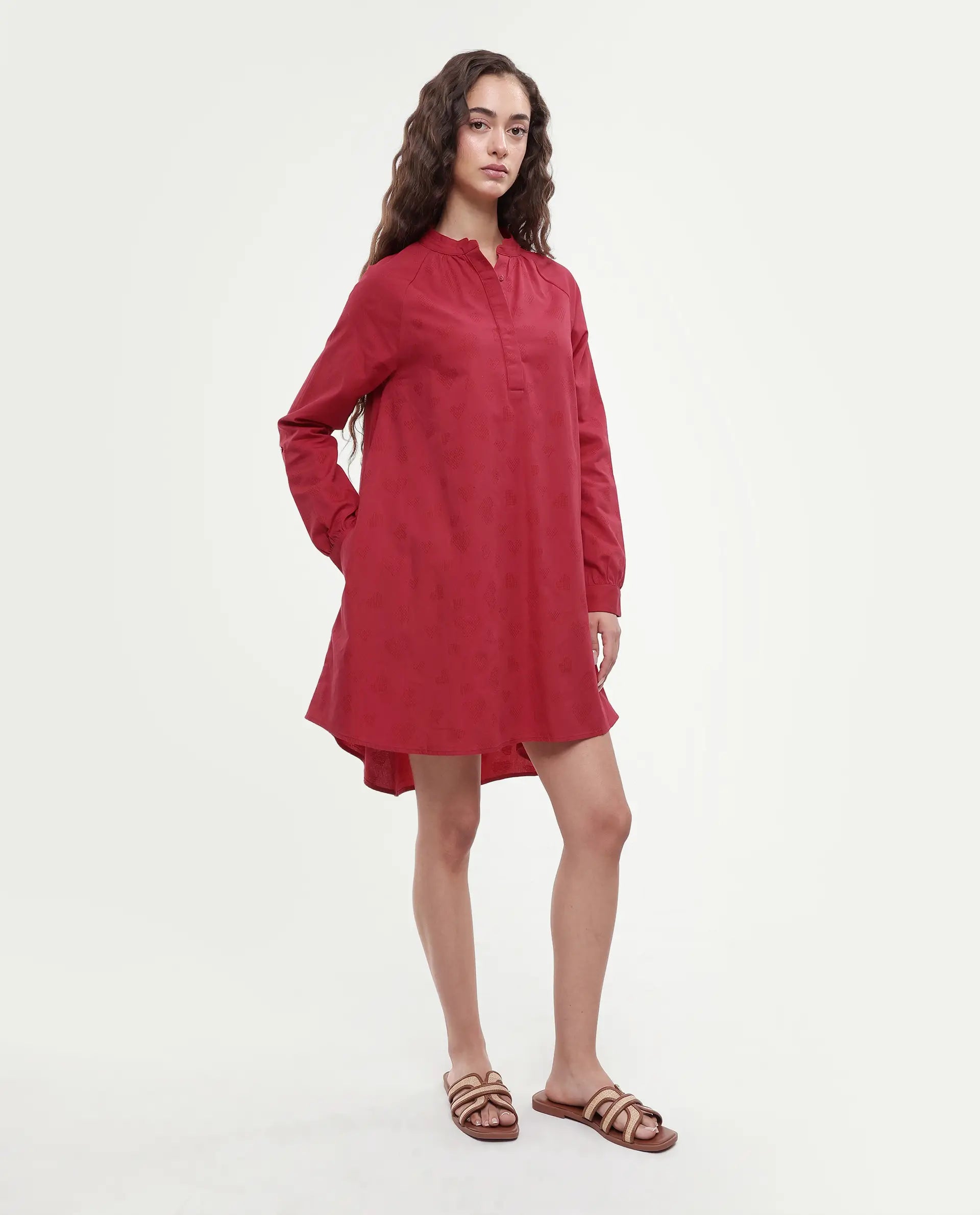 Rareism Women's Somigi Red Cotton Band Collar Plain Raglan Sleeve Mini A-Line Dress