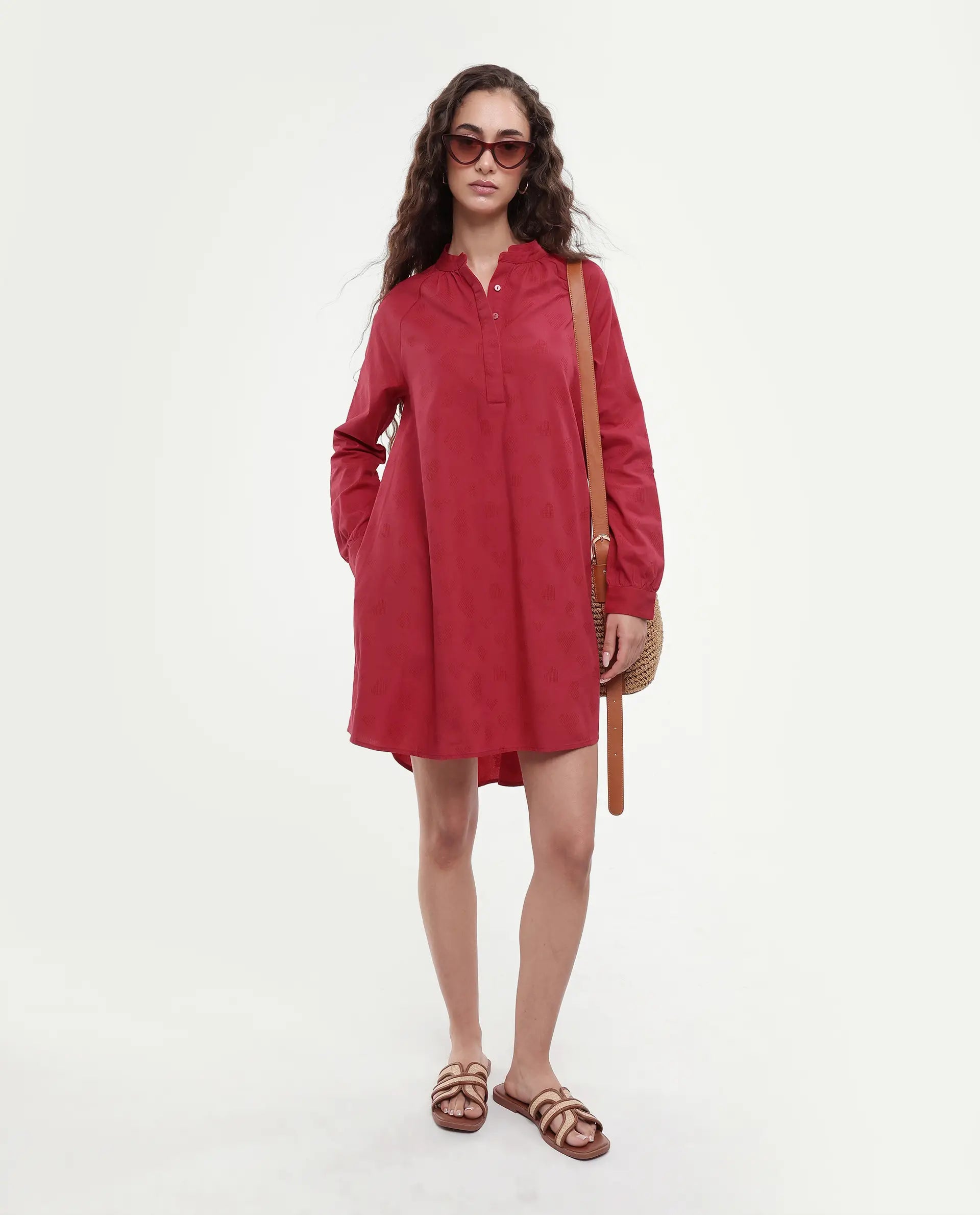 Rareism Women's Somigi Red Cotton Band Collar Plain Raglan Sleeve Mini A-Line Dress