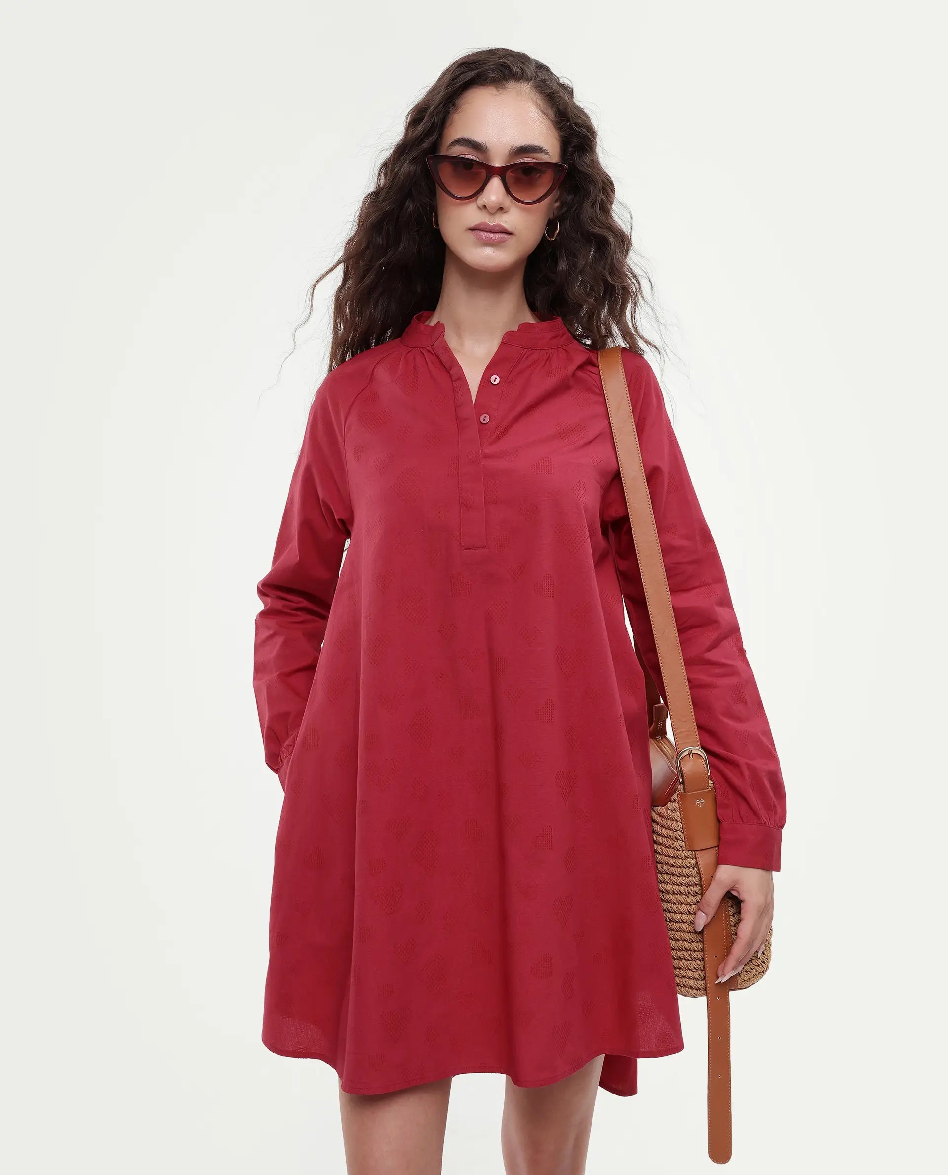 Rareism Women's Somigi Red Cotton Band Collar Plain Raglan Sleeve Mini A-Line Dress