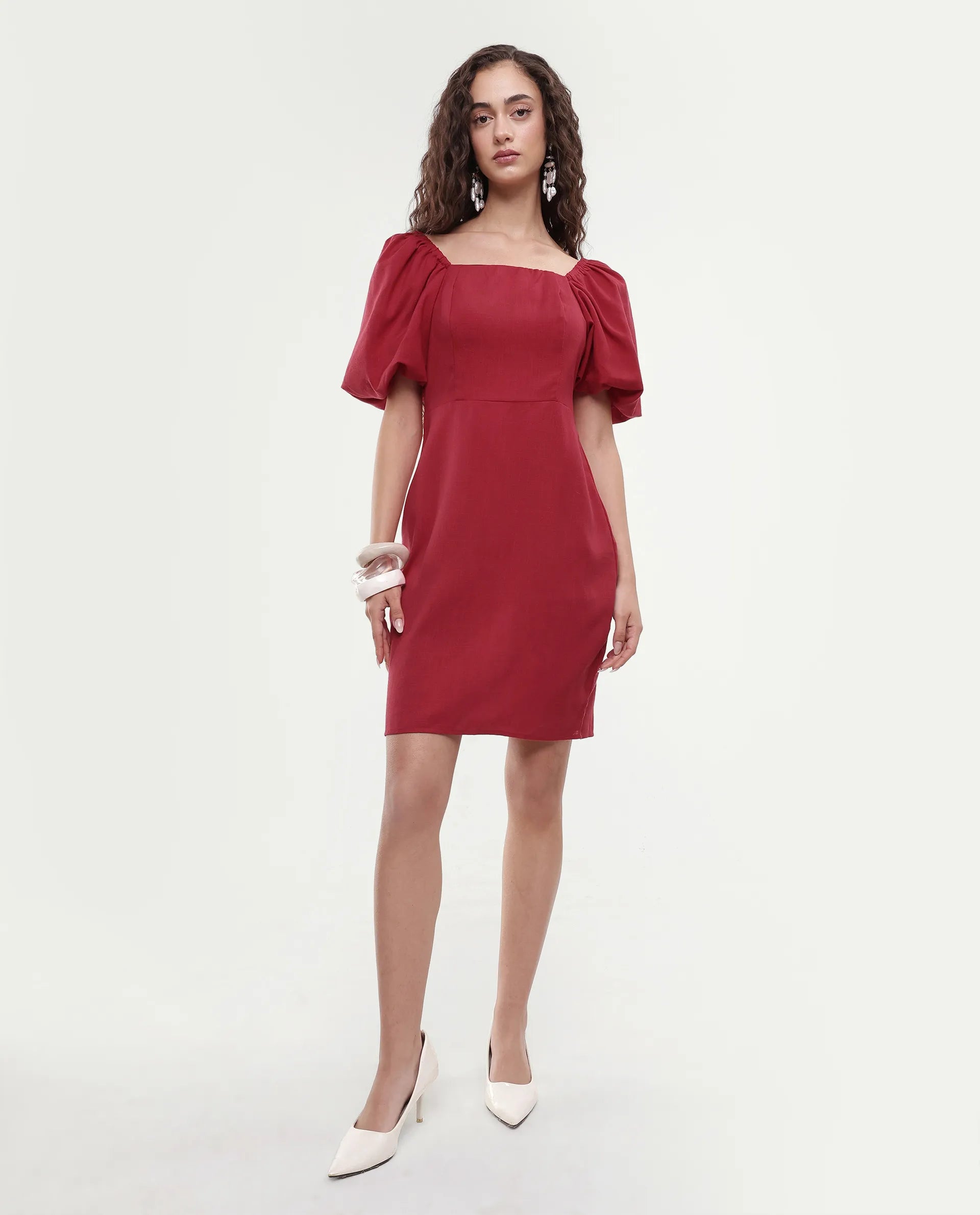 Rareism Women's Somkan Red Polyester Square Neck Plain Balloon Sleeve Mini Straight Fit Dress