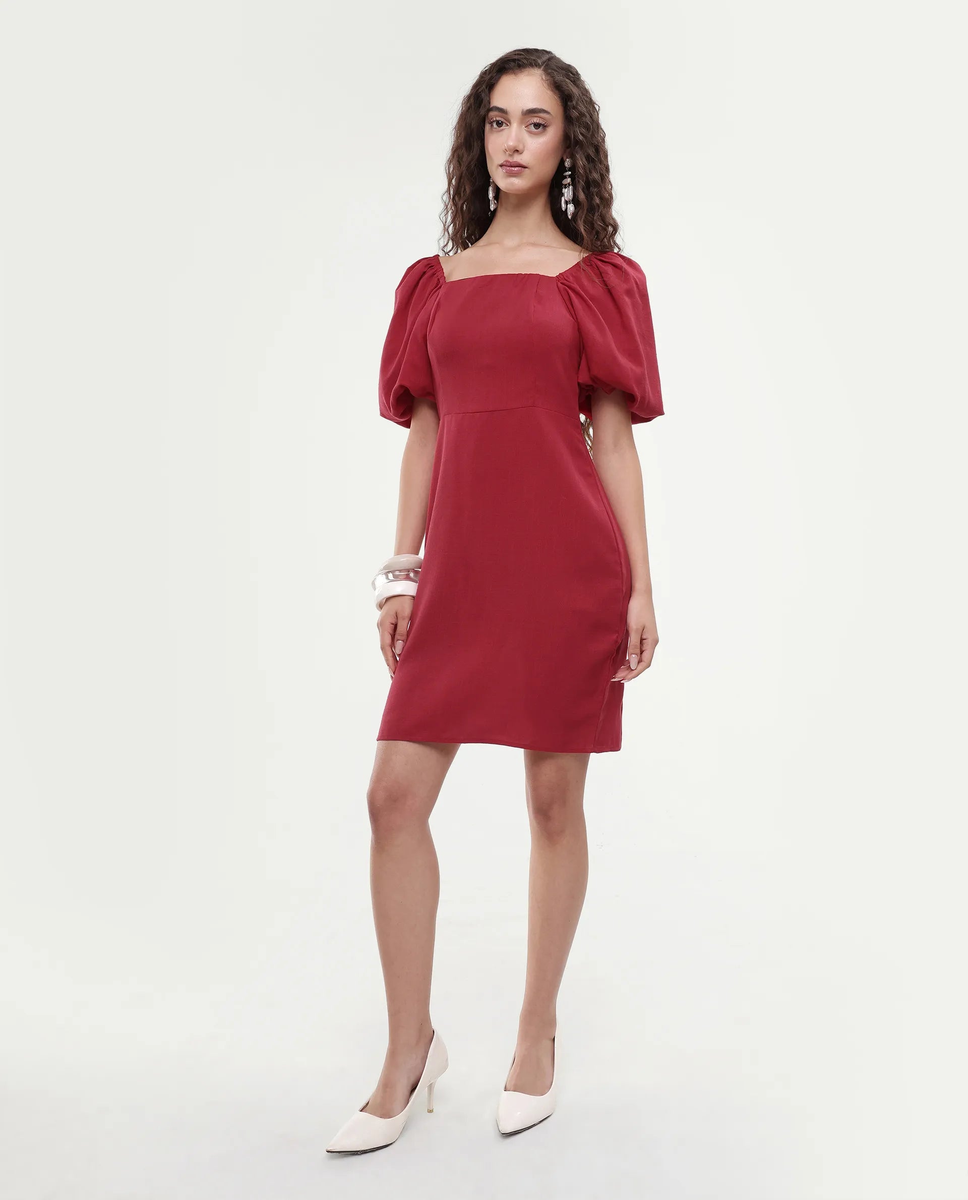 Rareism Women's Somkan Red Polyester Square Neck Plain Balloon Sleeve Mini Straight Fit Dress