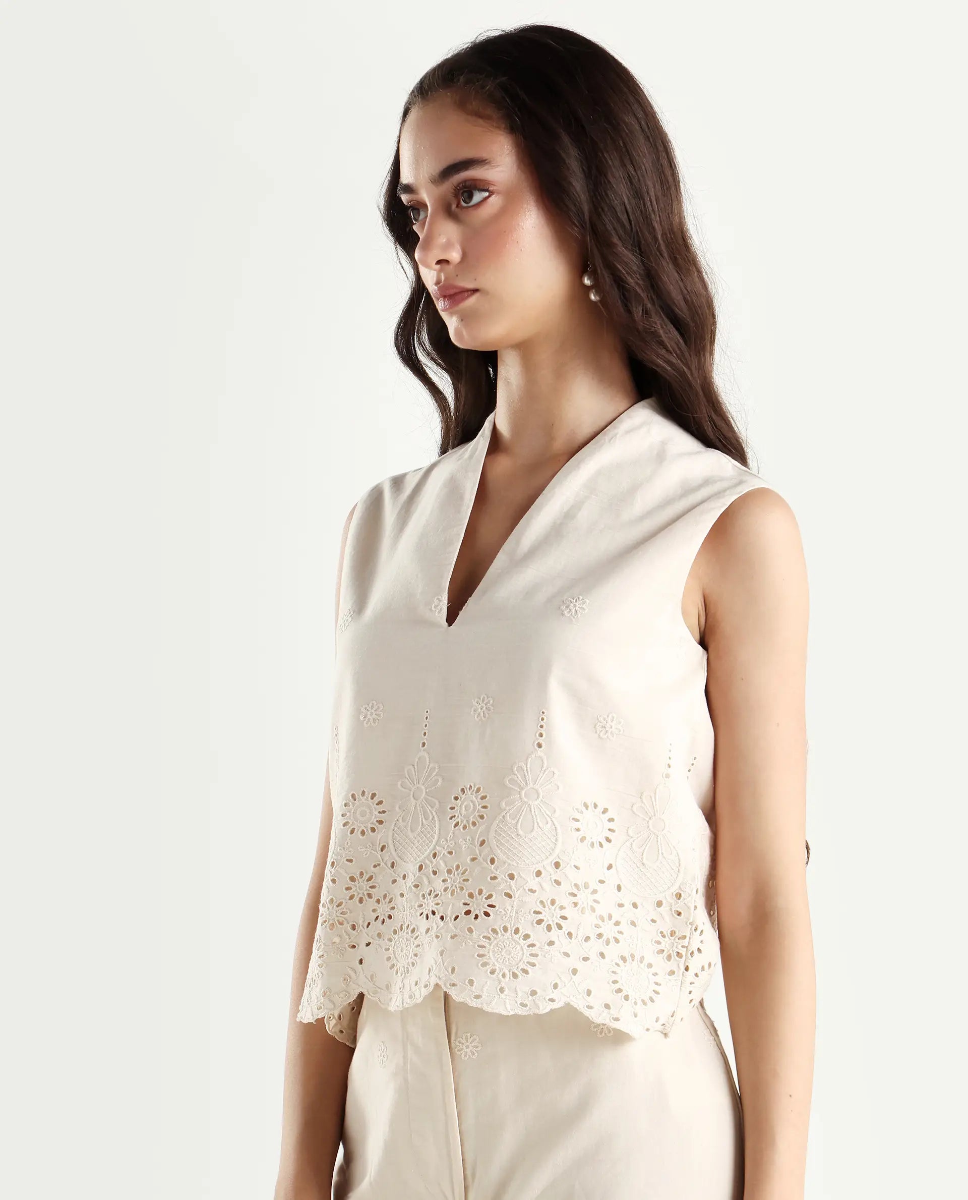 Rareism Women's Somse T Beige Cotton V-Neck Plain Sleeveless Regular Fit Top