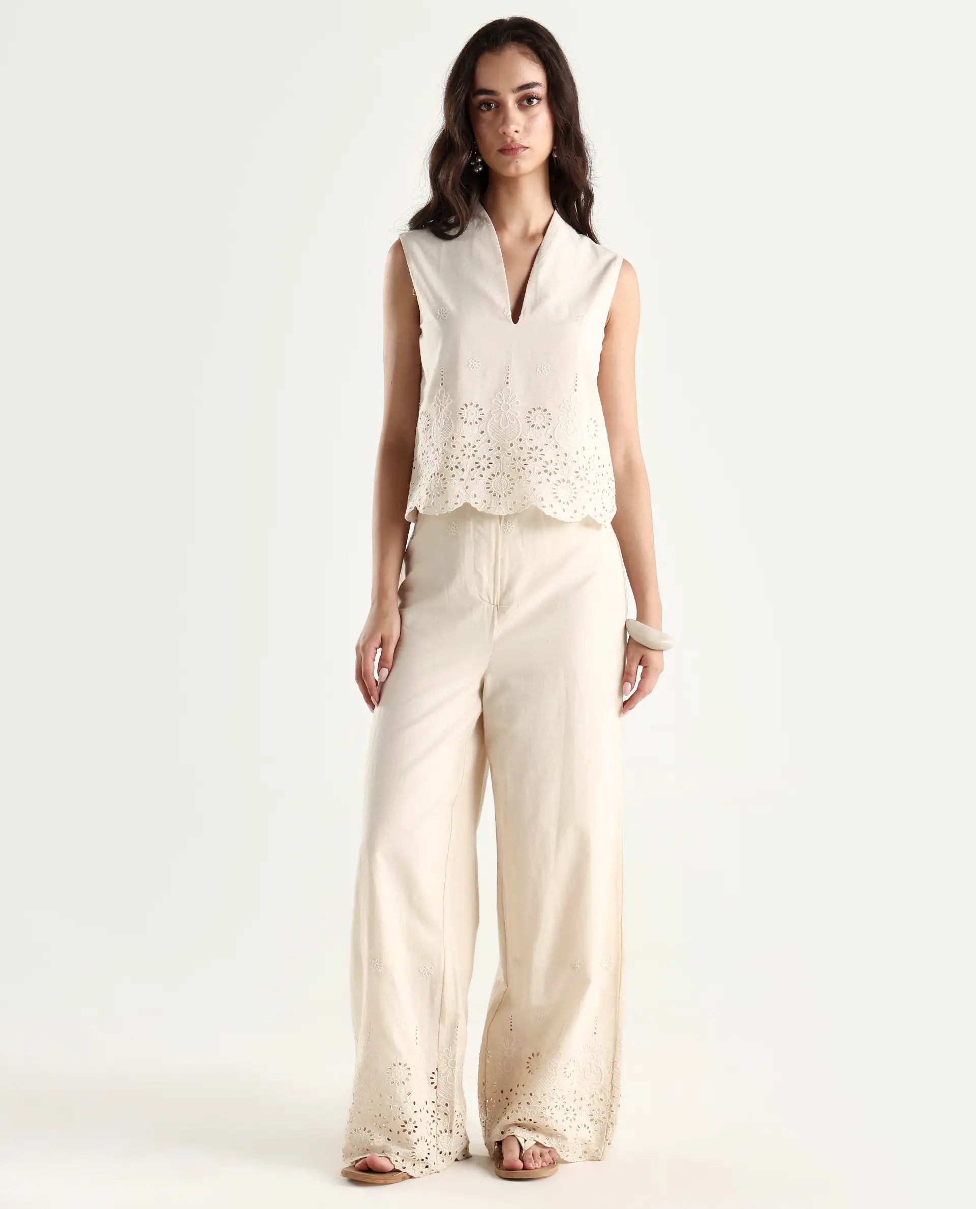 Rareism Women's Somse B Beige Cotton Plain Ankle Length Straight Fit Trouser