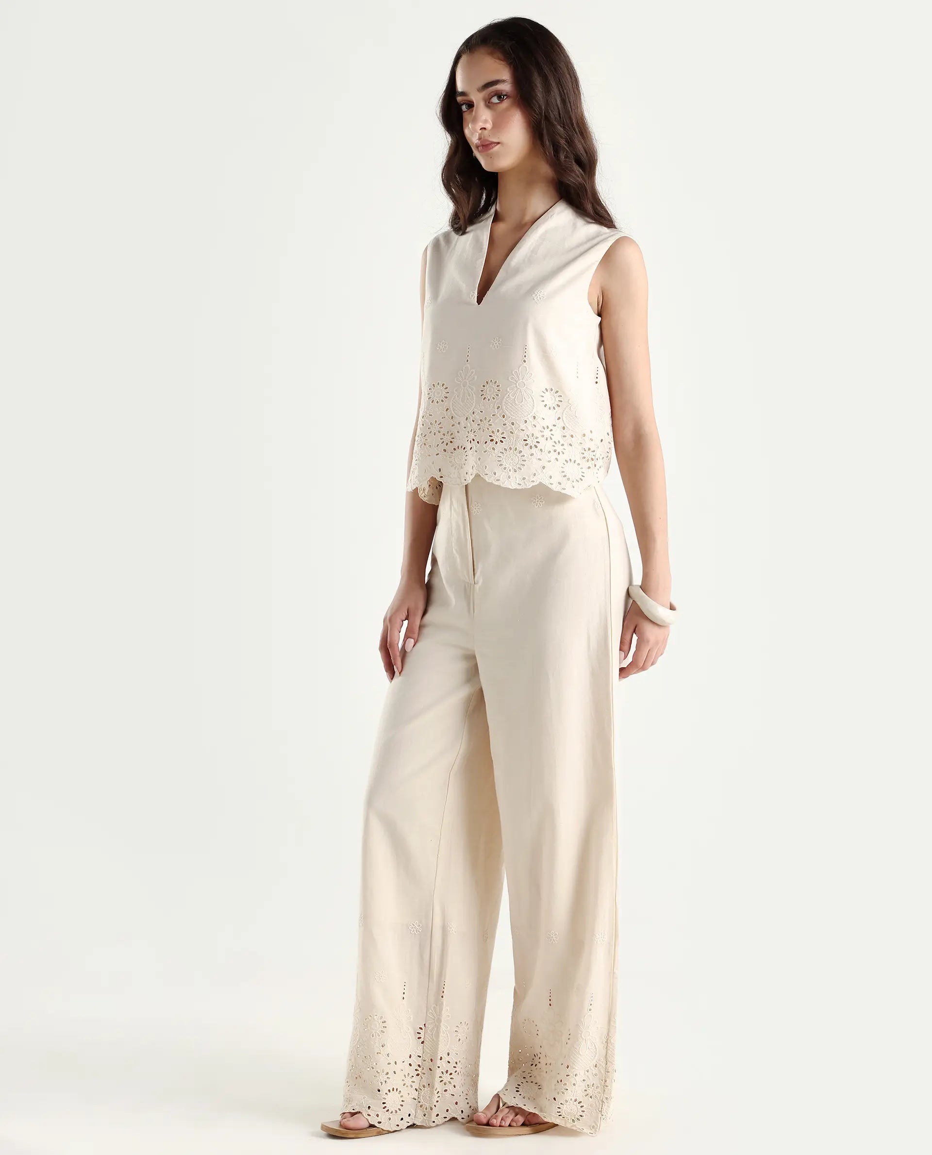 Rareism Women's Somse B Beige Cotton Plain Ankle Length Straight Fit Trouser