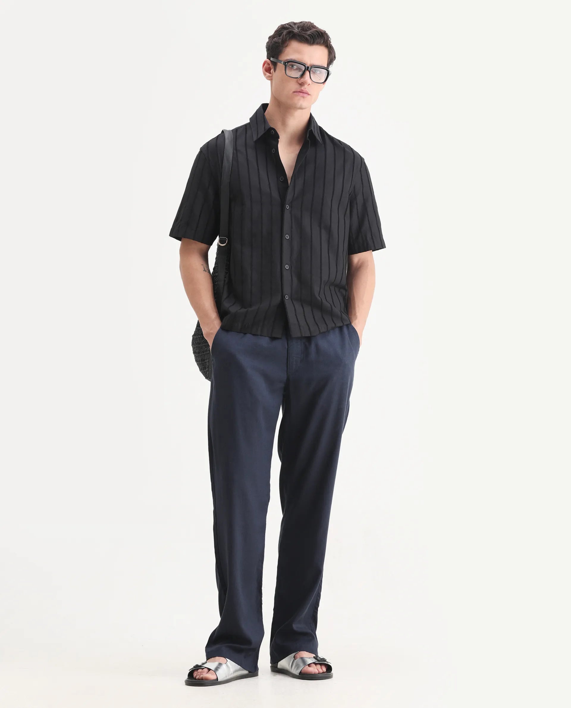 Rare Rabbit Men's Coft-B Navy Linen Blend Plain Loose Fit Trouser