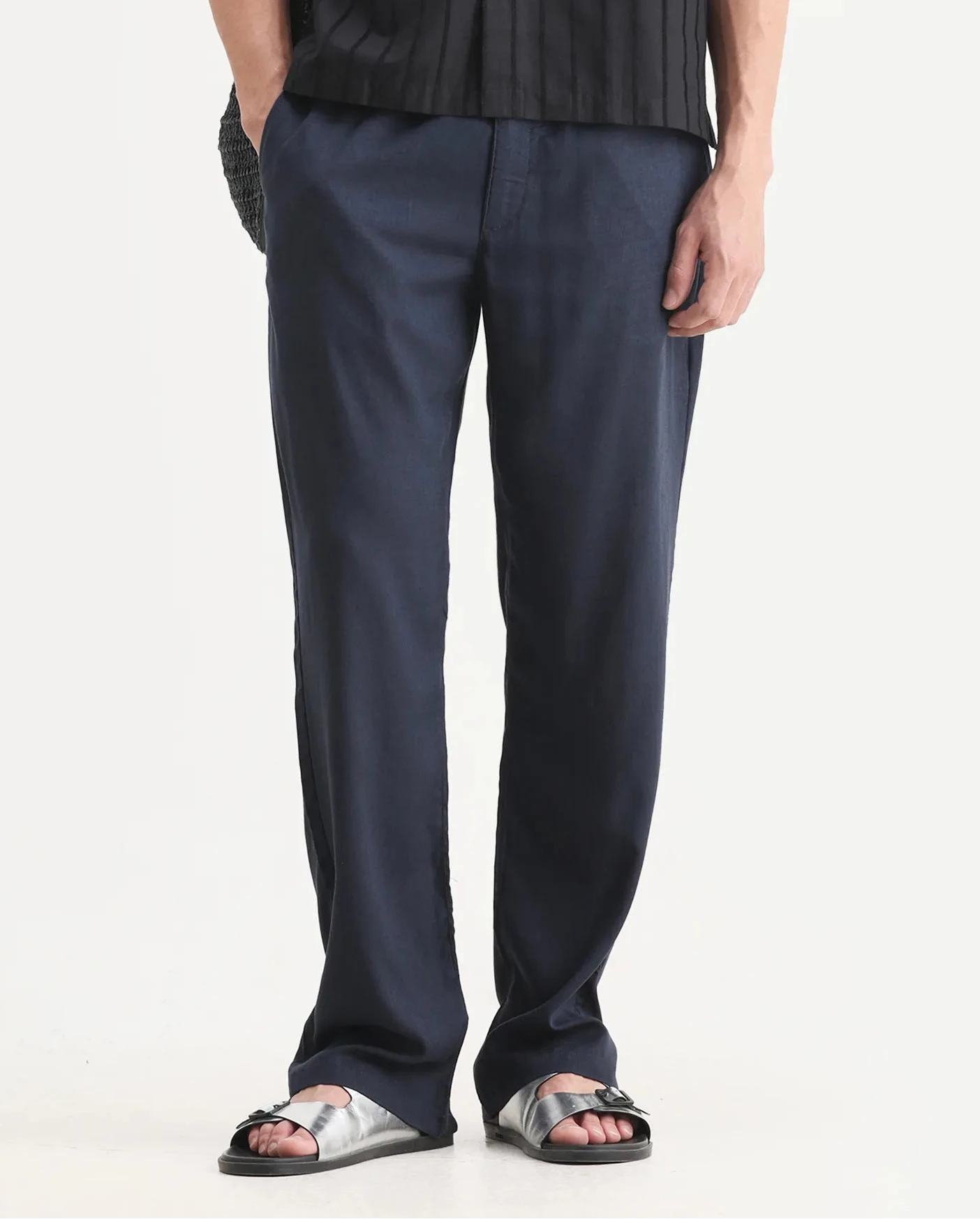 Rare Rabbit Men's Coft-B Navy Linen Blend Plain Loose Fit Trouser