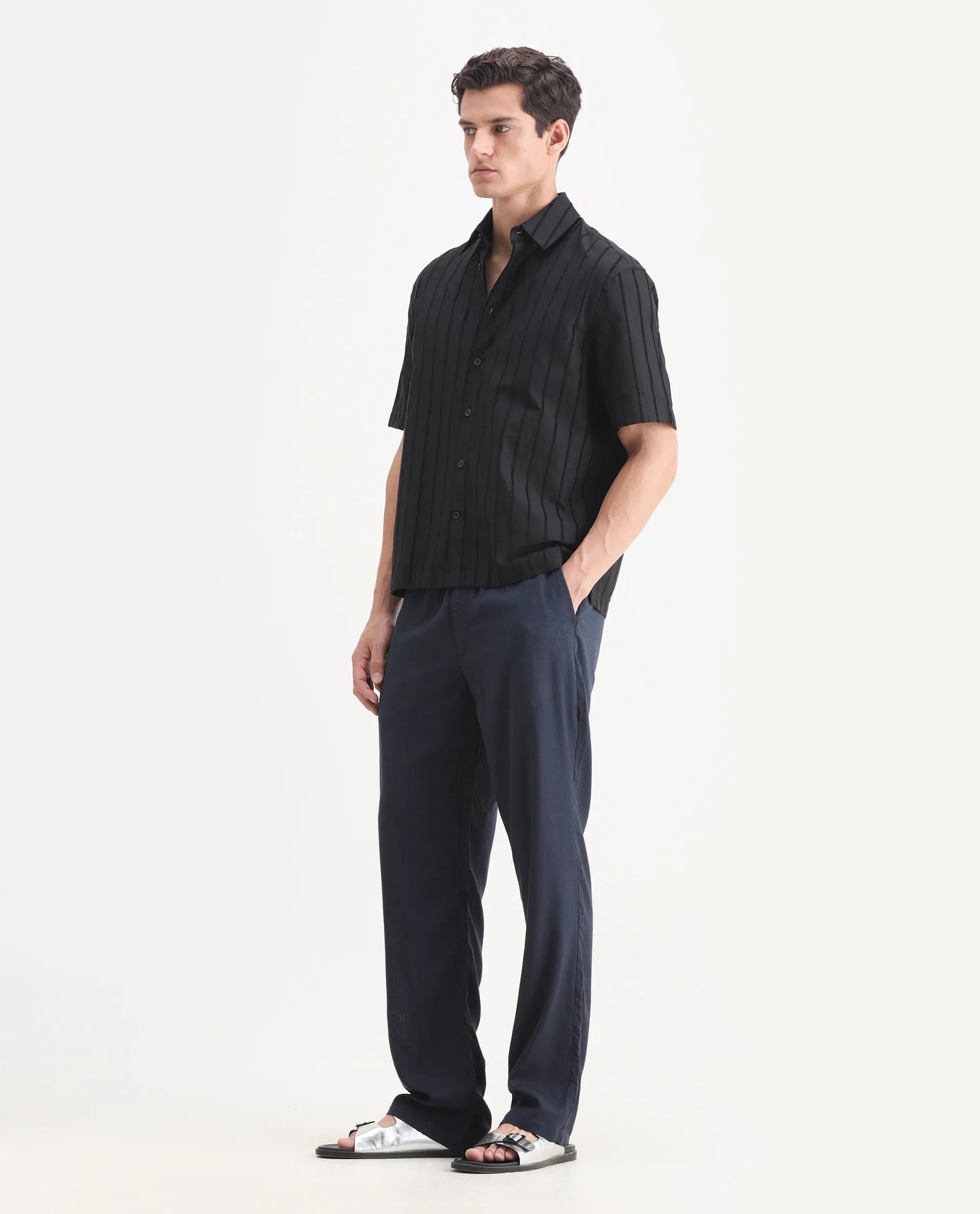 Rare Rabbit Men's Coft-B Navy Linen Blend Plain Loose Fit Trouser