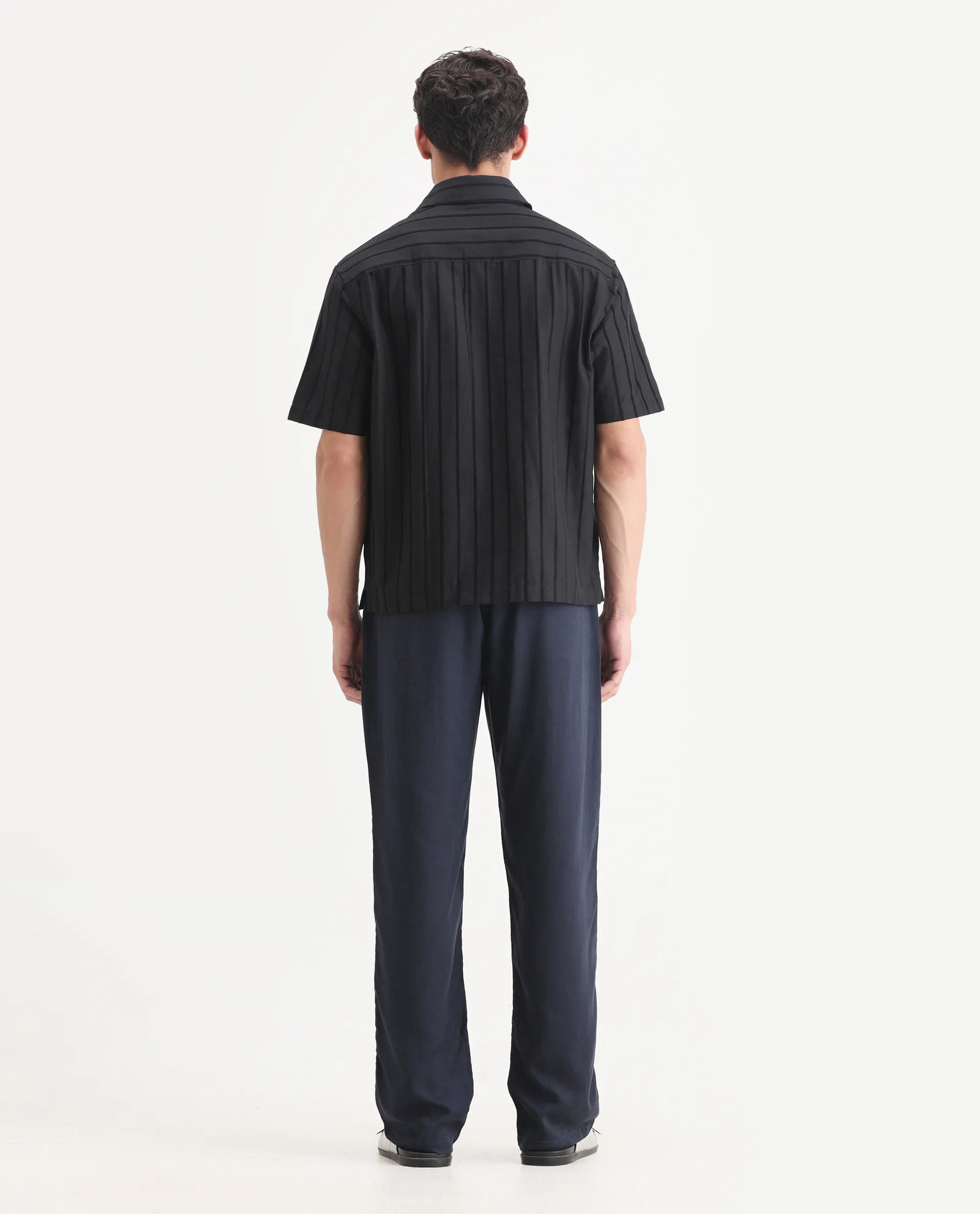 Rare Rabbit Men's Coft-B Navy Linen Blend Plain Loose Fit Trouser