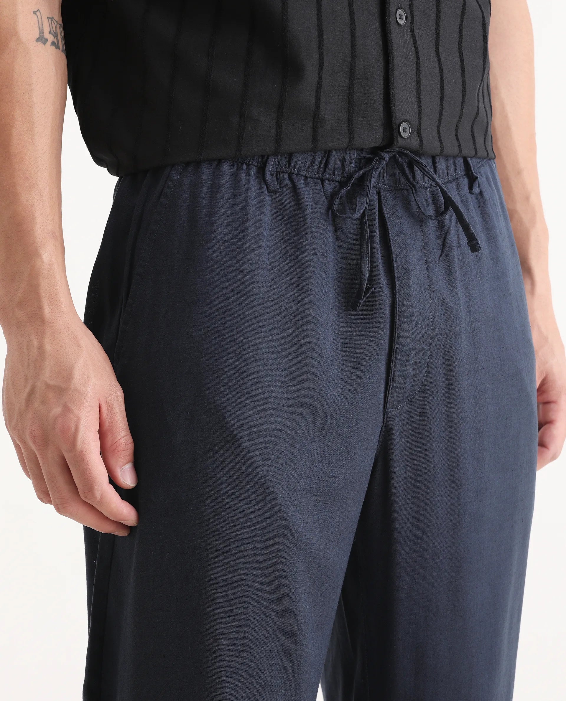 Rare Rabbit Men's Coft-B Navy Linen Blend Plain Loose Fit Trouser