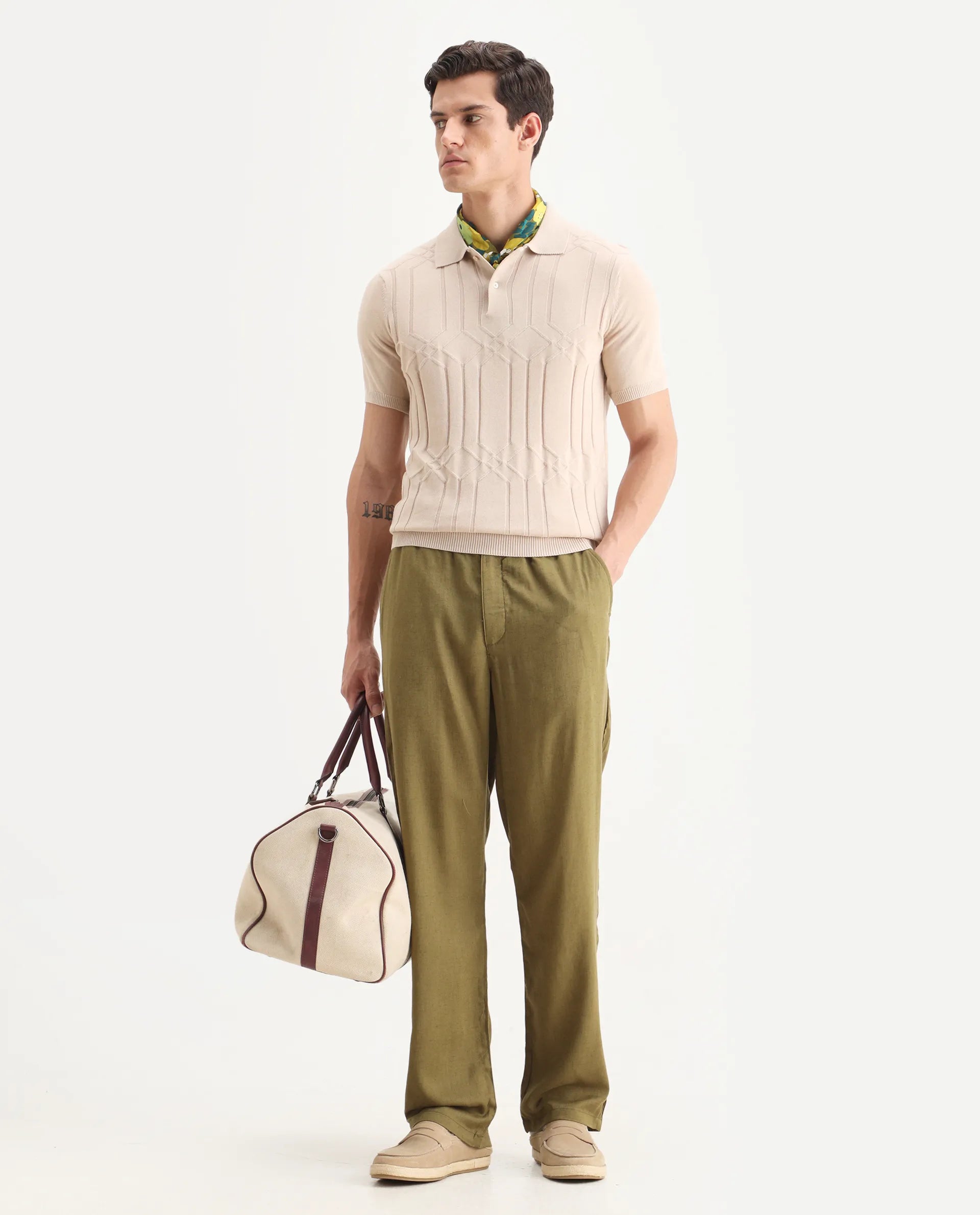 Rare Rabbit Men's Coft-B Olive Linen Blend Plain Loose Fit Trouser