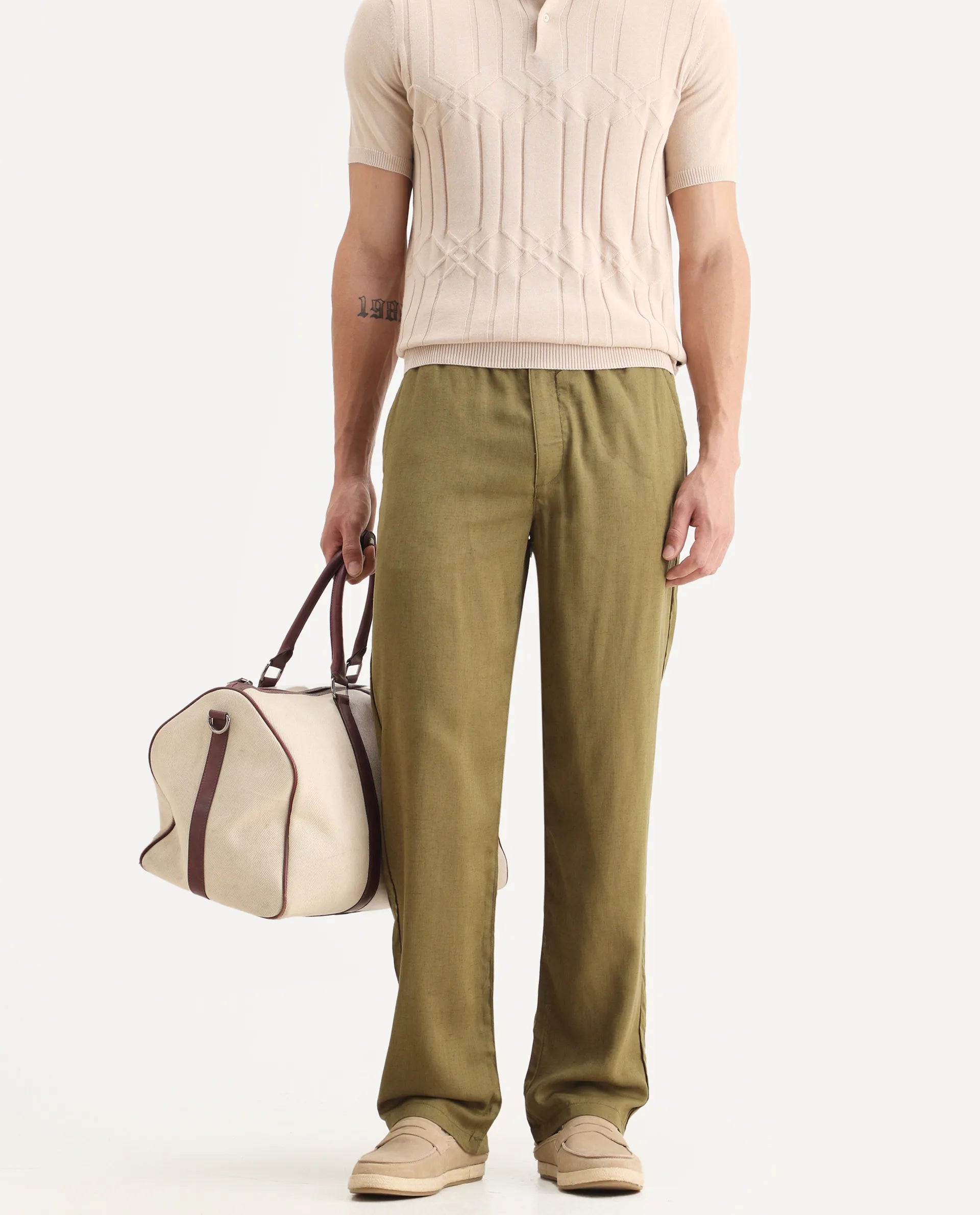 Rare Rabbit Men's Coft-B Olive Linen Blend Plain Loose Fit Trouser