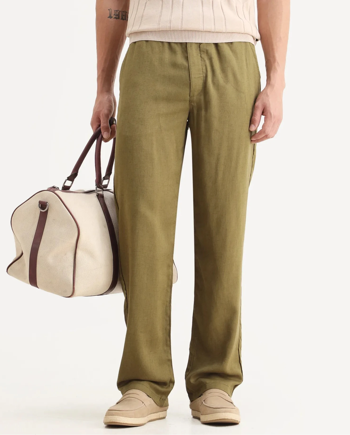 Rare Rabbit Men's Coft-B Olive Linen Blend Plain Loose Fit Trouser
