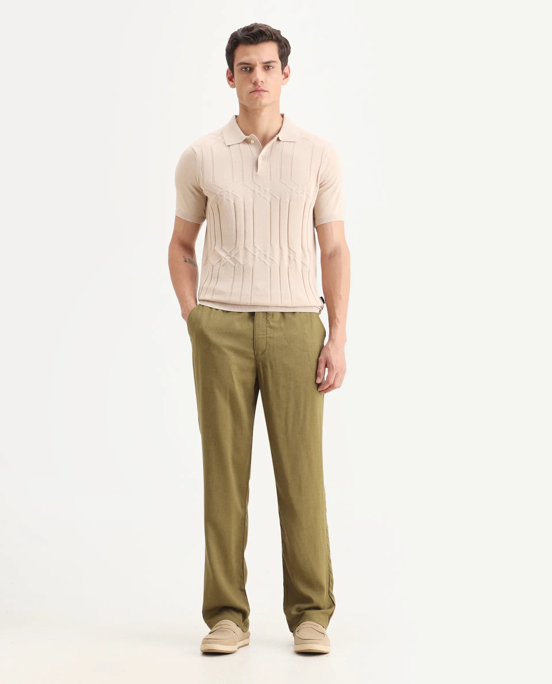 Rare Rabbit Men's Coft-B Olive Linen Blend Plain Loose Fit Trouser